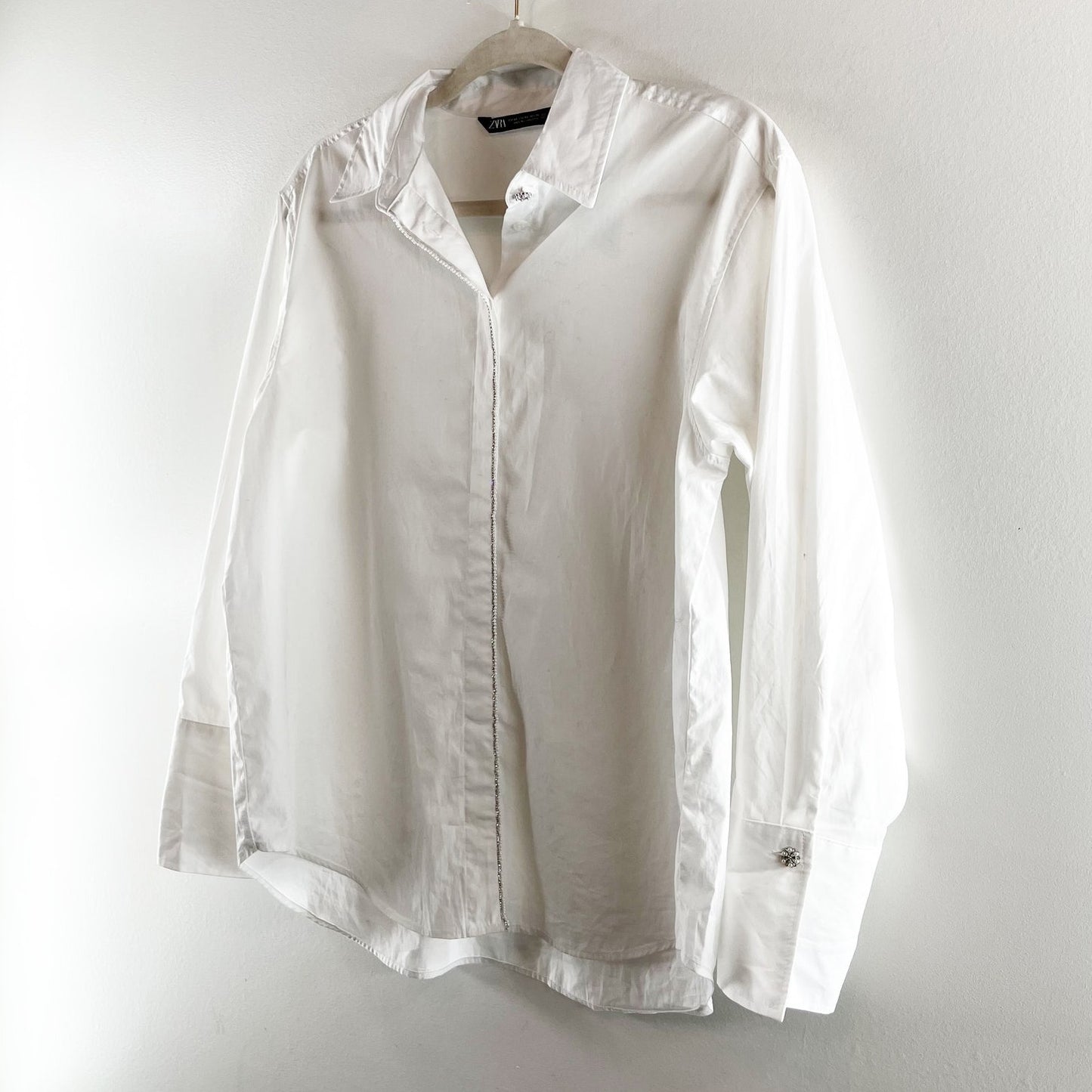 ZARA Rhinestone Trim Crystal Oversized Button Down Shirt White XS