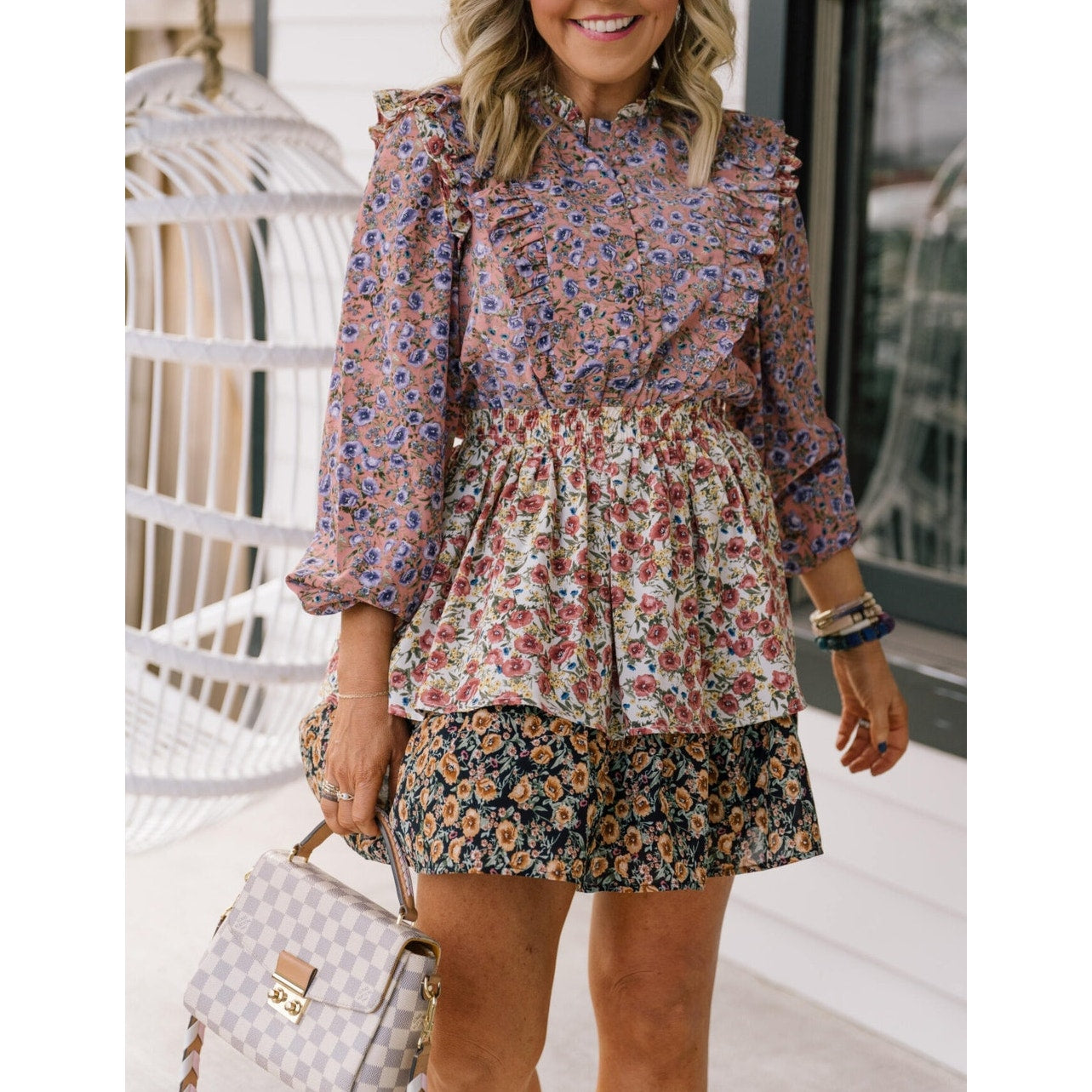 Free The Roses Long Sleeve Floral Tiered Ruffle Mini Dress Purple Cream Medium