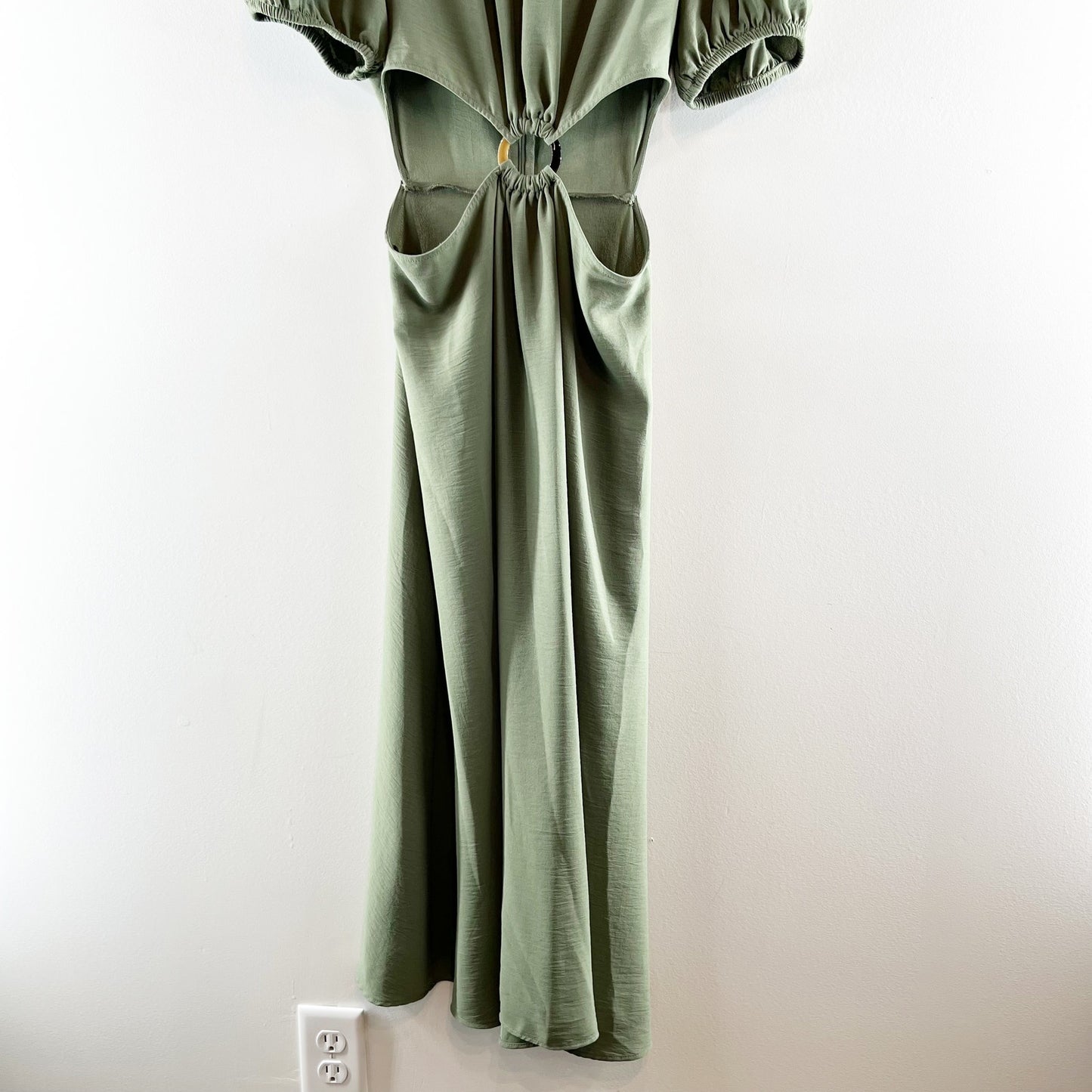 Zara Short Puff Sleeve Round Neck Cut Out A-Line Midi Dress Green Small