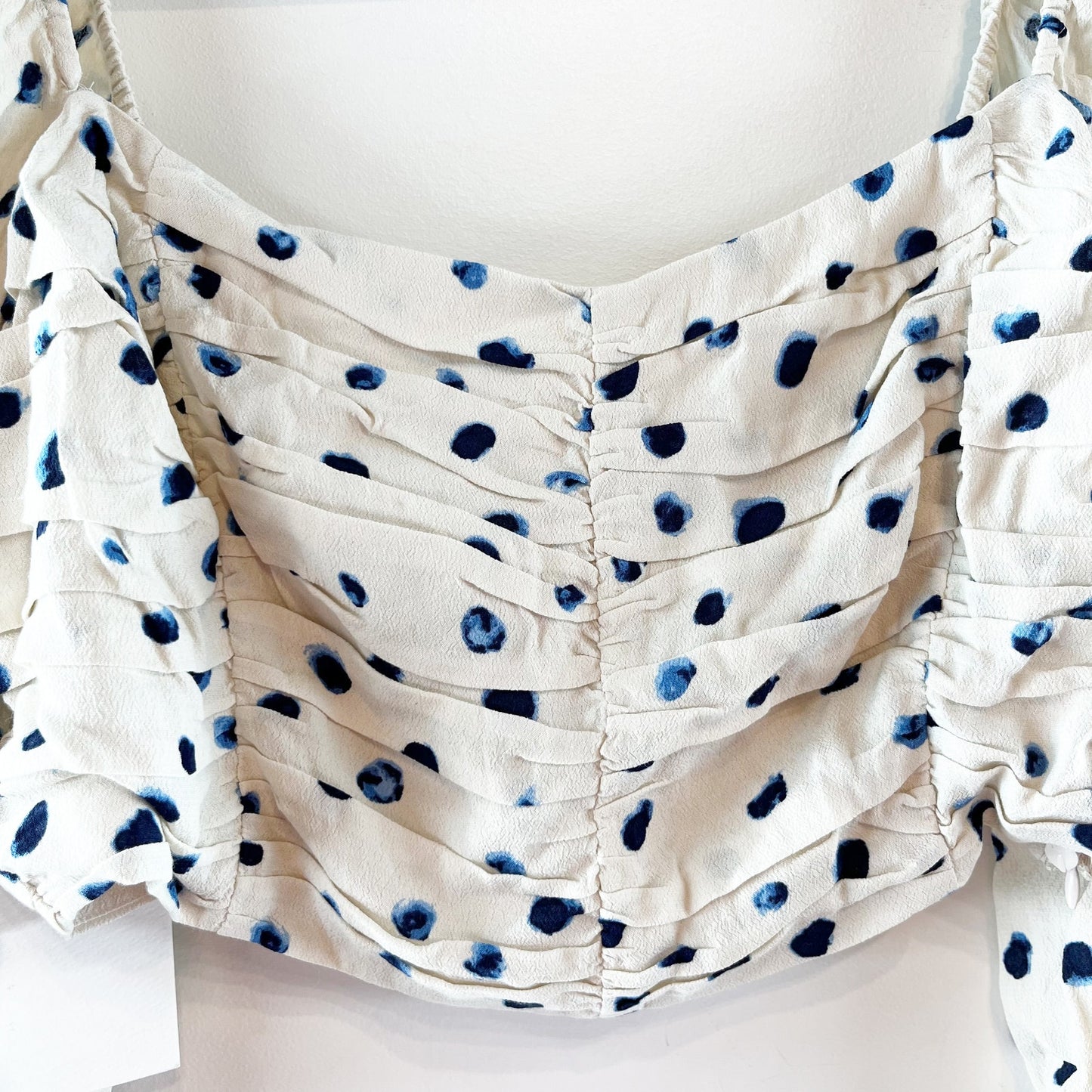 Wilfred Puff Sleeve Polka Dot Crop Lolita Blouse Birch Classic Navy Large NWT