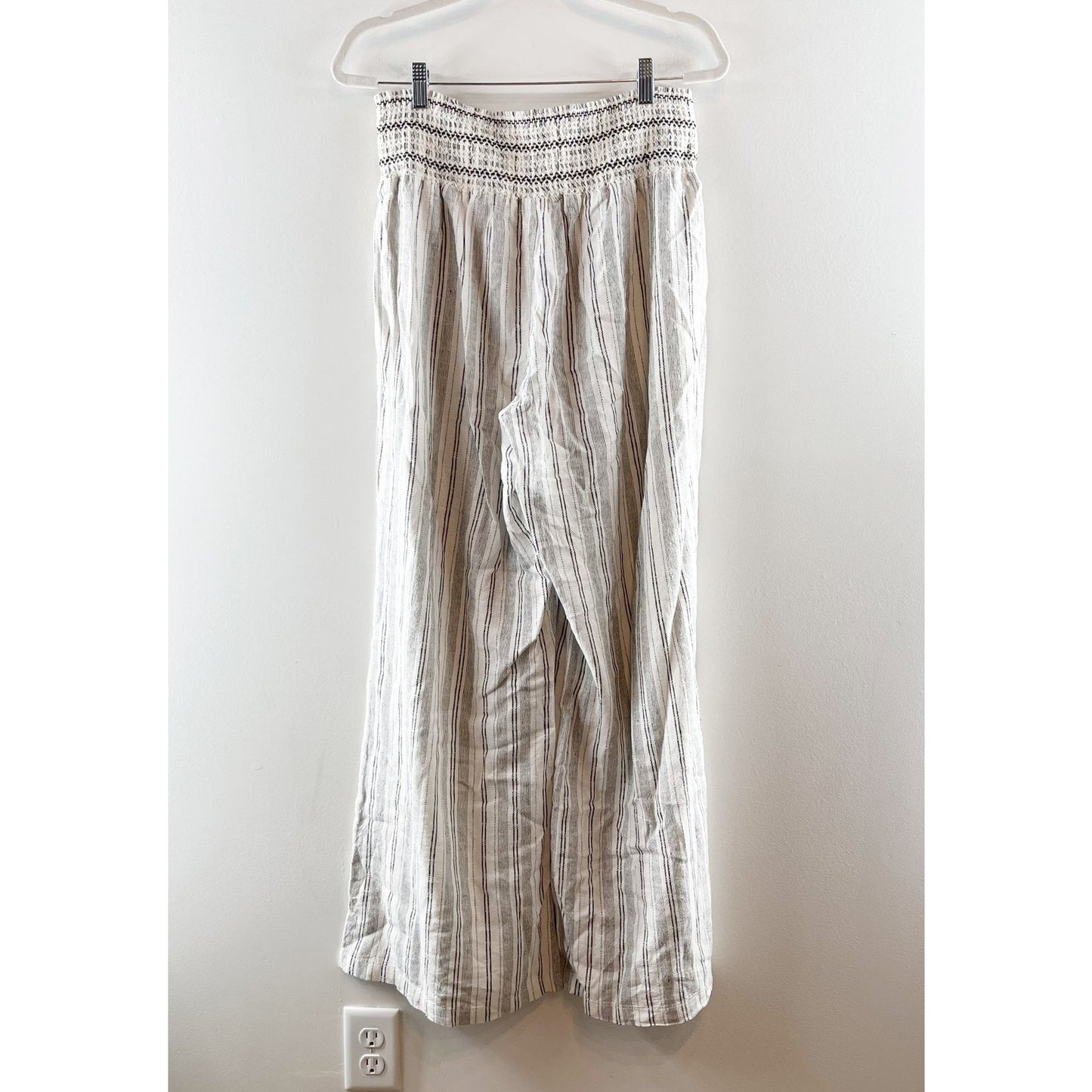 Rewash Smocked Waist Striped Wide Leg Linen Blend Pants White Blue XL