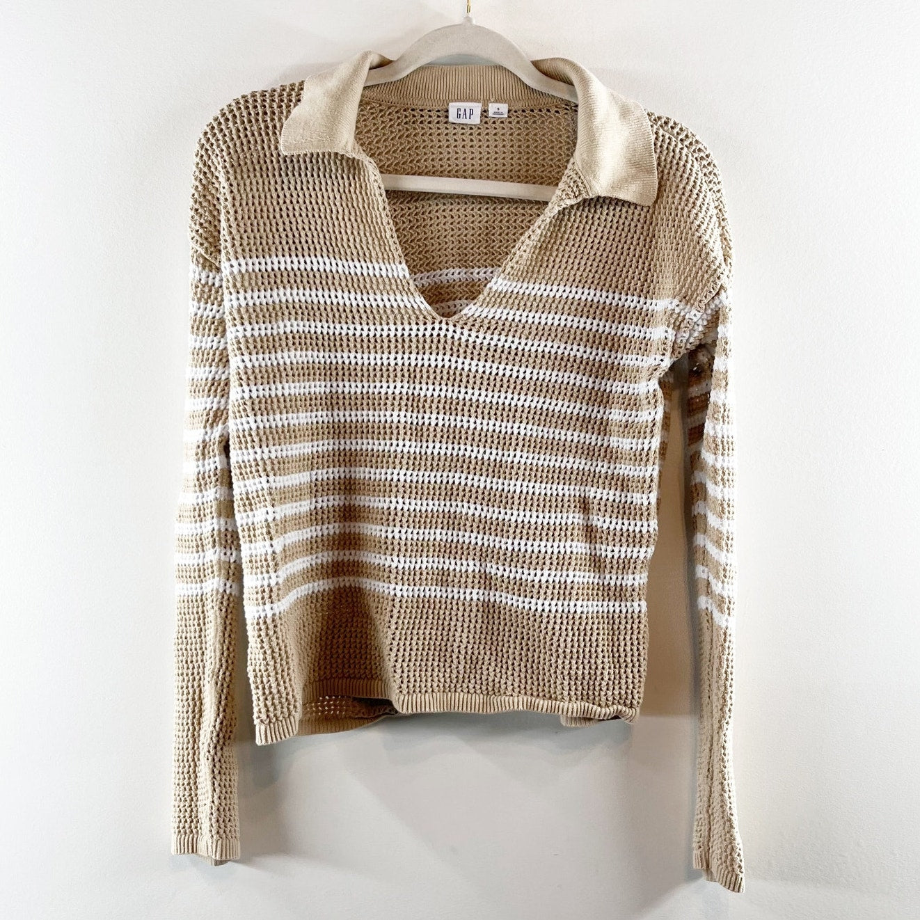 GAP Long Sleeve Crochet Collared Sweater Tan Beige Small