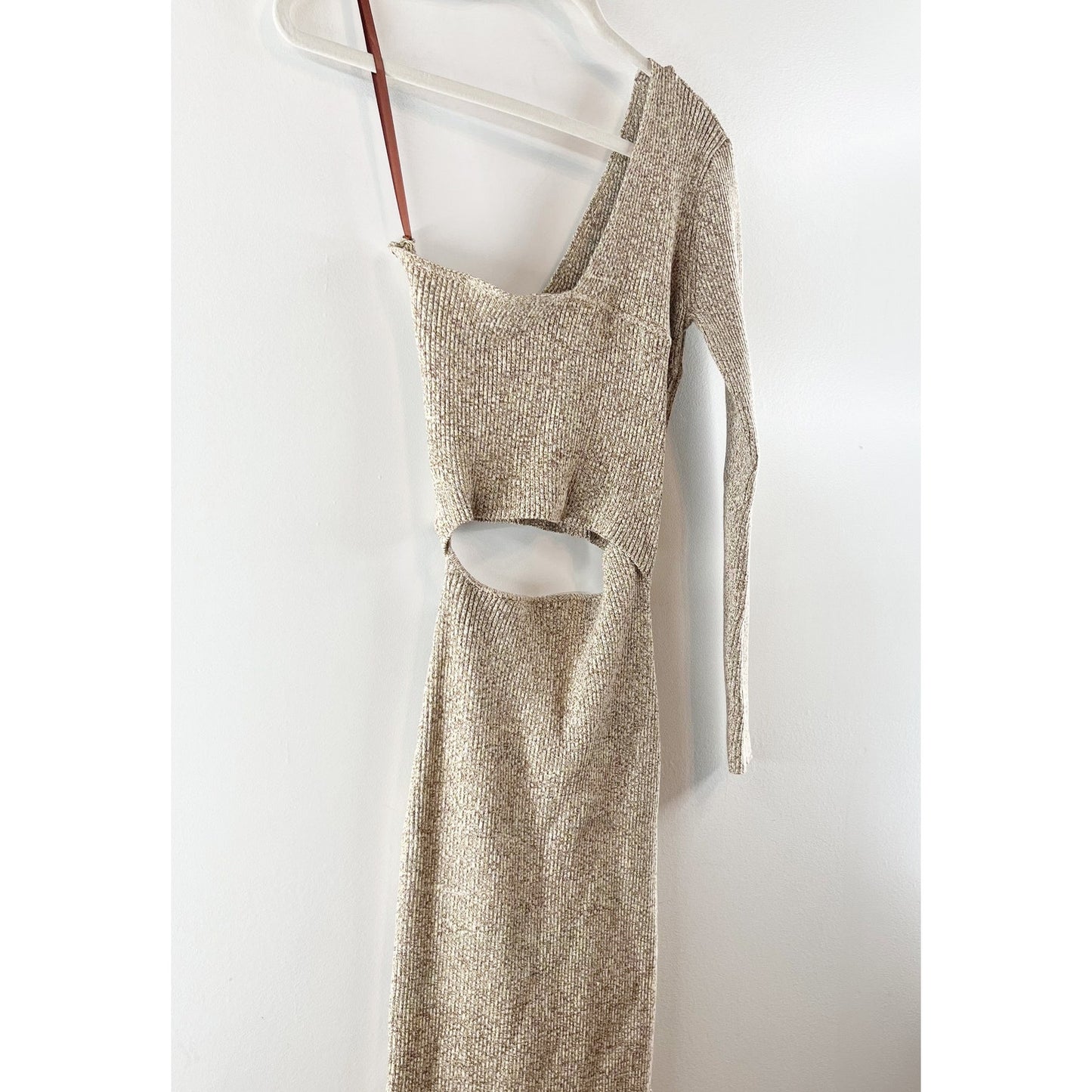 Ronny Kobo Lorraine One Shoulder Cutout Knit Bodycon Midi Dress Beige Medium