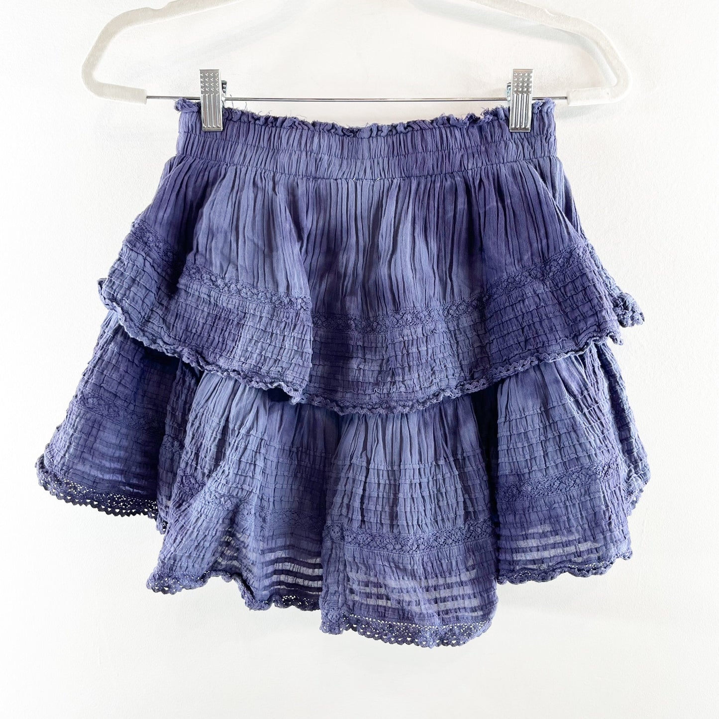 Aerie Tiered Ruffle Cotton Smocked Waist Tie Dye Mini Skirt Blue Small
