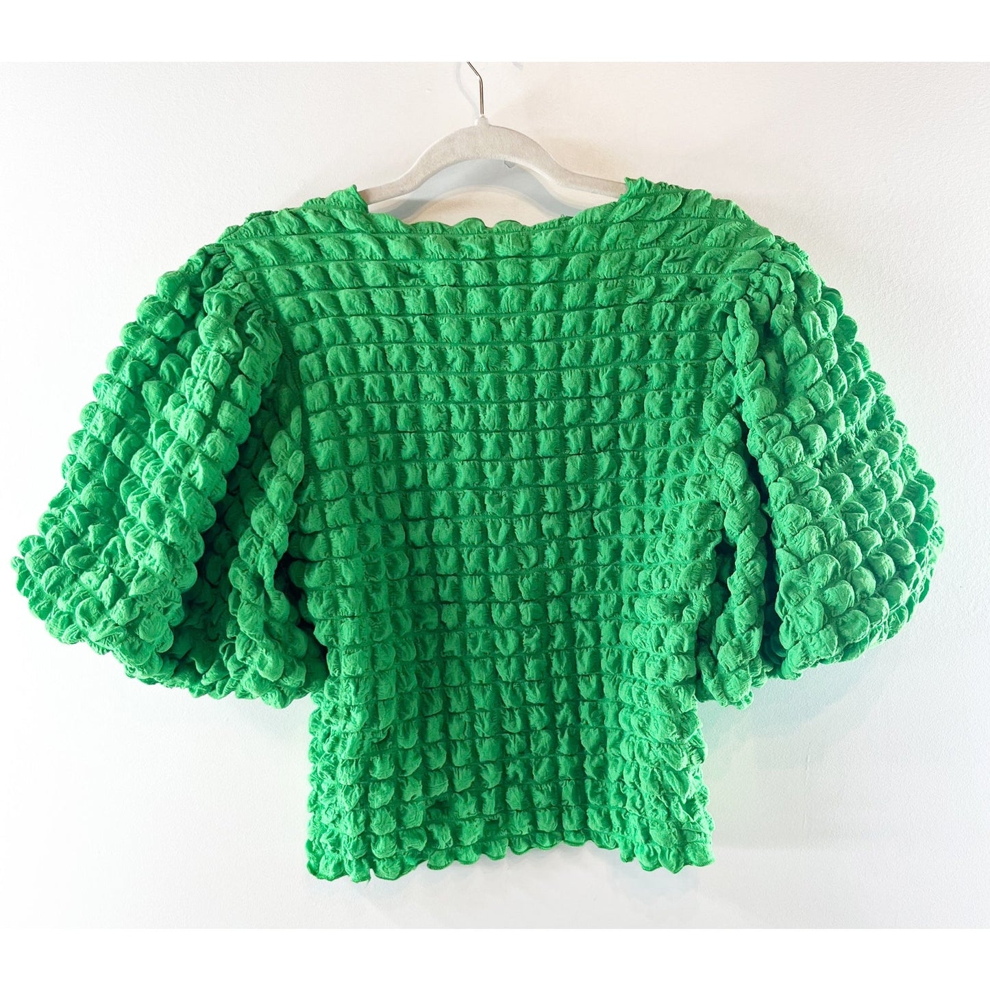 Eri + Ali Anthropologie Textured Puff Sleeve Top Shirt Blouse Green Small