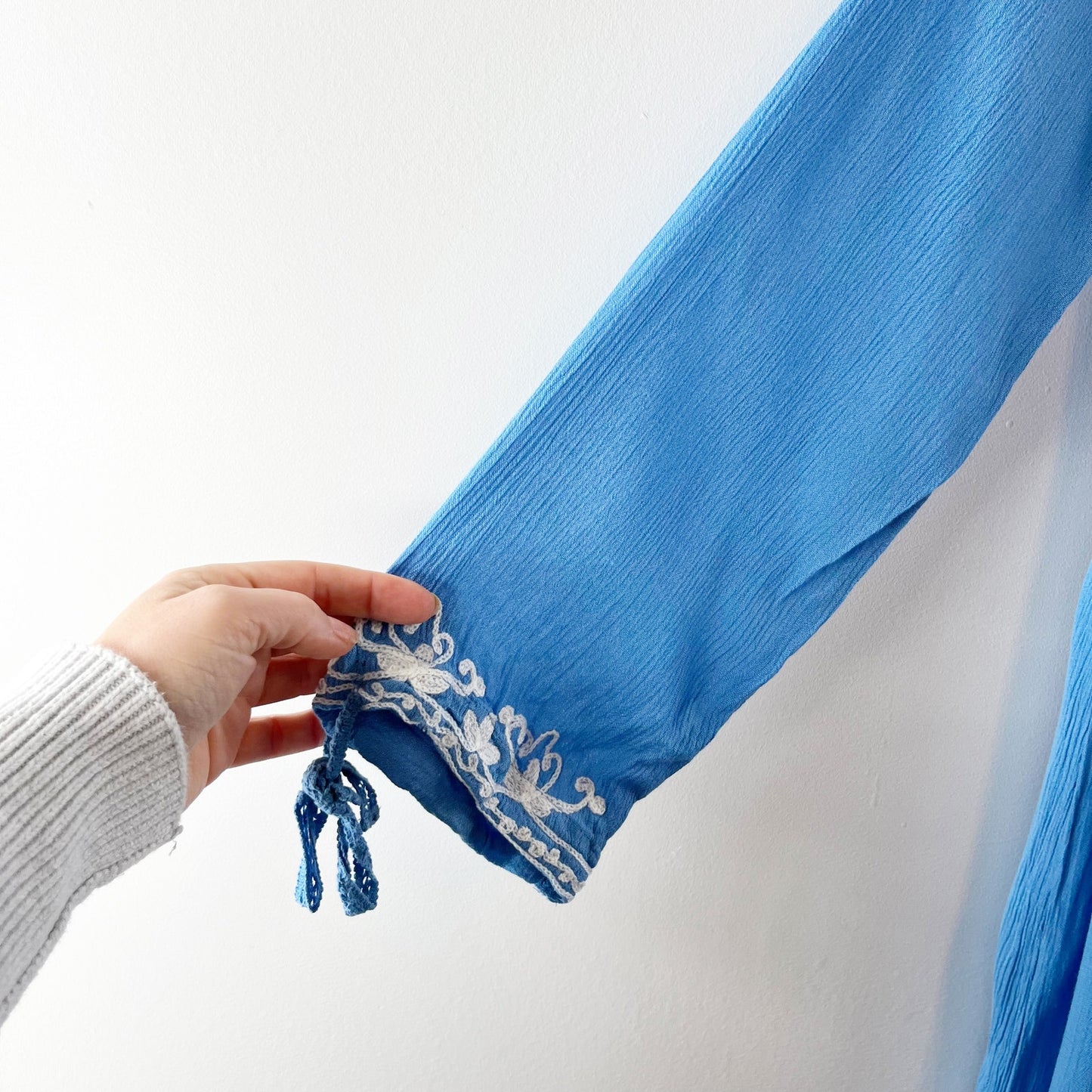 Rise and Bloom Embroidered Long Sleeve Tie Neck Maxi Dress Blue Medium