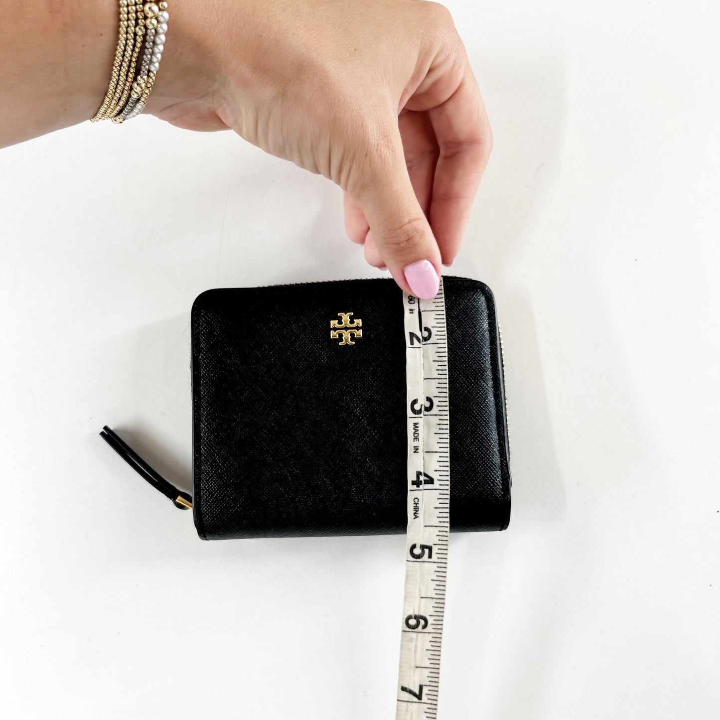 Tory Burch Emerson Saffiano Leather Mini Folded Wallet Black Gold