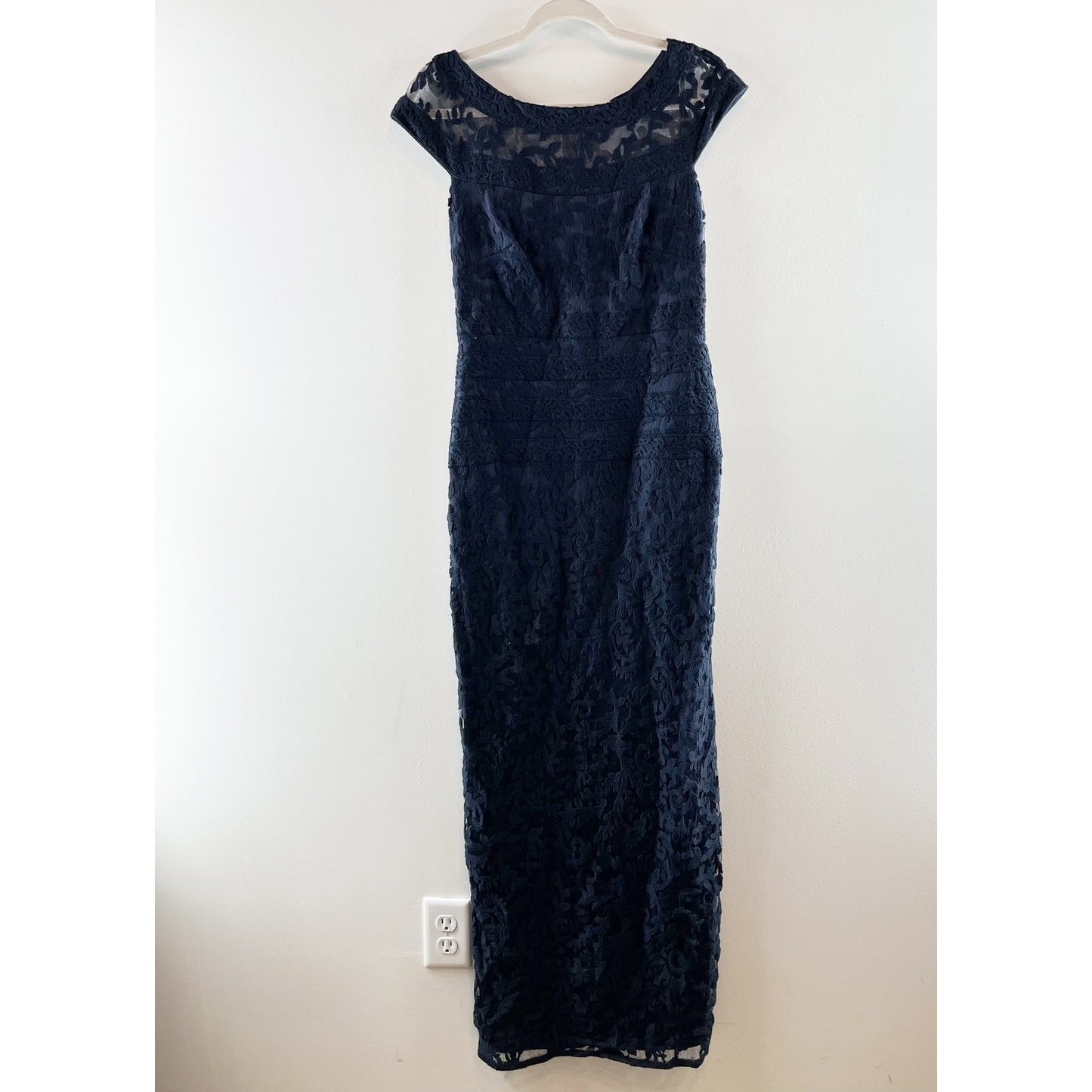 Tadashi Shoji Embroidered Banded Lace Maxi Length Gown Dress Navy Blue 4