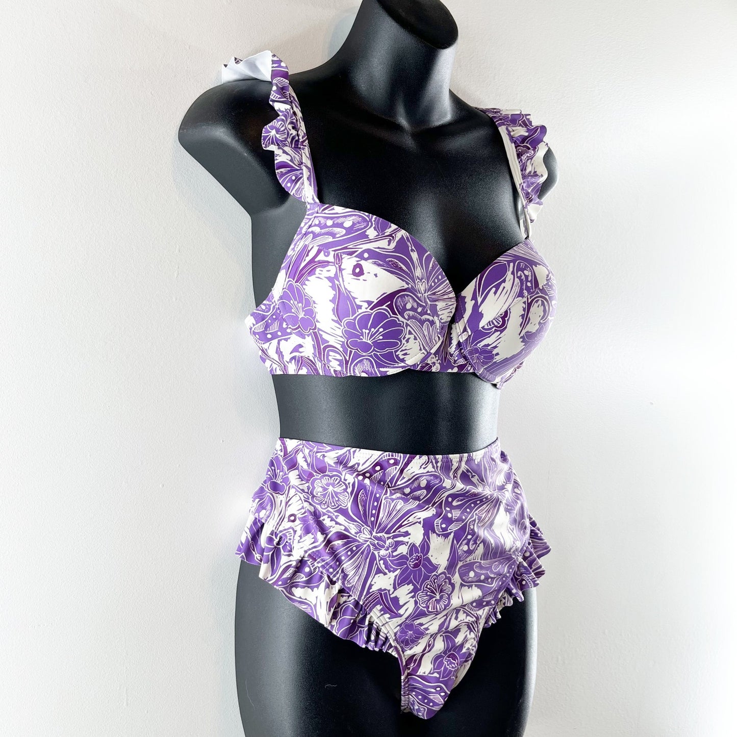 Floral Ruffle Strap High Rise Two Piece Bikini With Wrap Sarong Skirt Purple XL