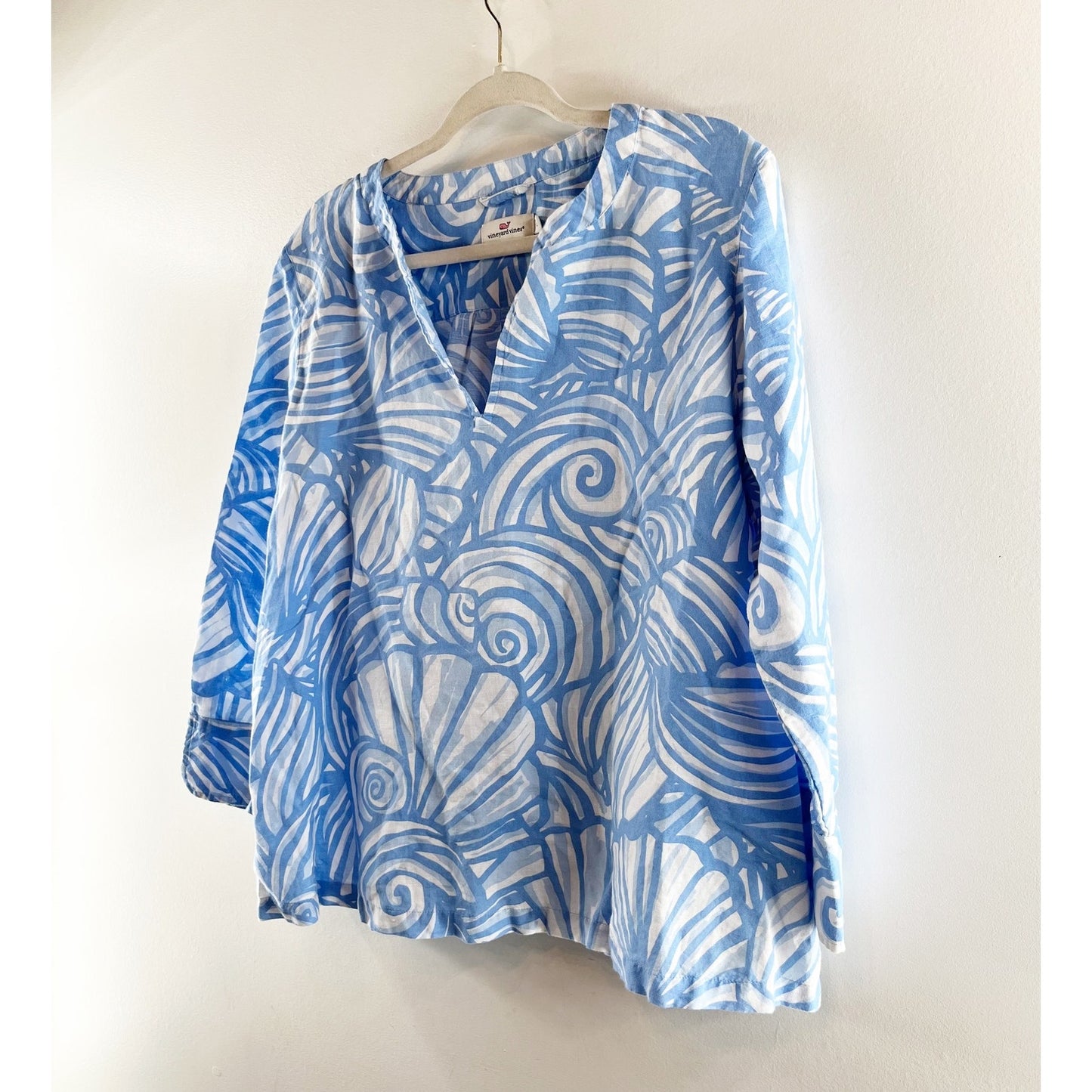 Vineyard Vines Blue and White Nautilus Shell Print Linen Blend Tunic Top XL