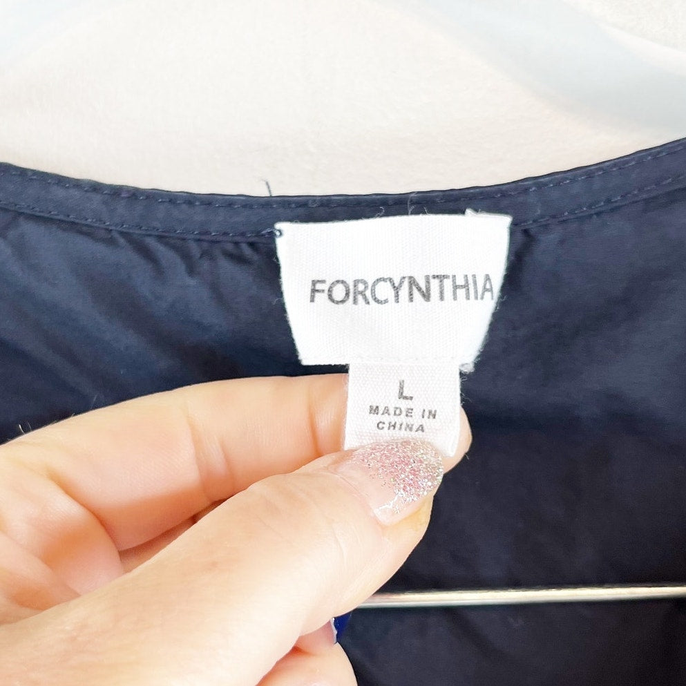 ForCynthia Puff Sleeve V Neck Tunic Cotton Poplin Mini Dress Navy Blue Large