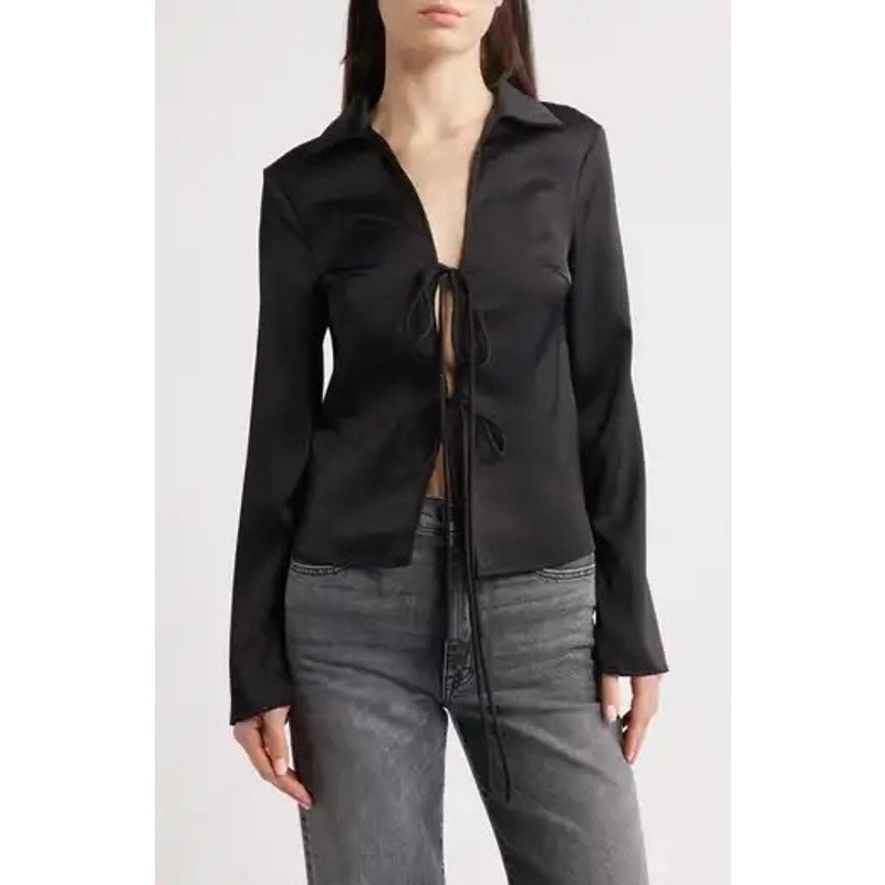 Zara Tie Front Long Sleeve Satin Blouse Shirt Black XL