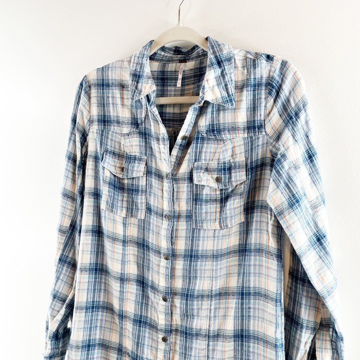 Free People Eight Days A Week Long Sleeve Plaid Shirt Dress Blue XS