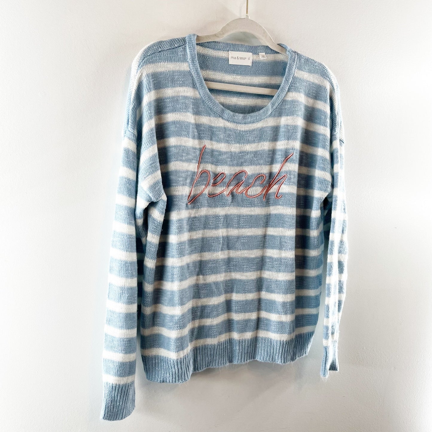 Mia & Tess Striped Crewneck Long Sleeve Embroidered Beach Sweater Blue XL