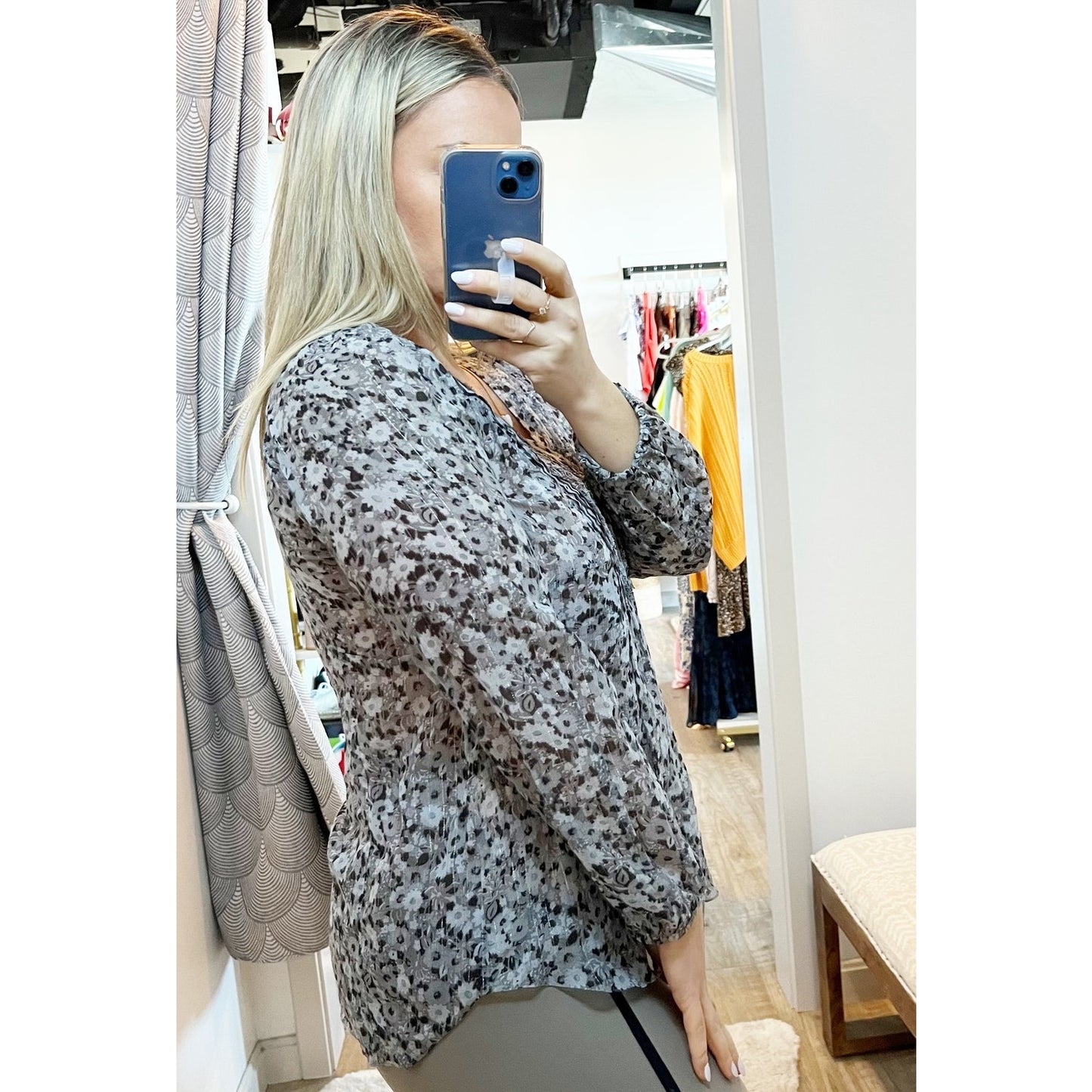 Rebecca Taylor Floral Print Long Sleeve Silk Blend Button Blouse Gray Medium