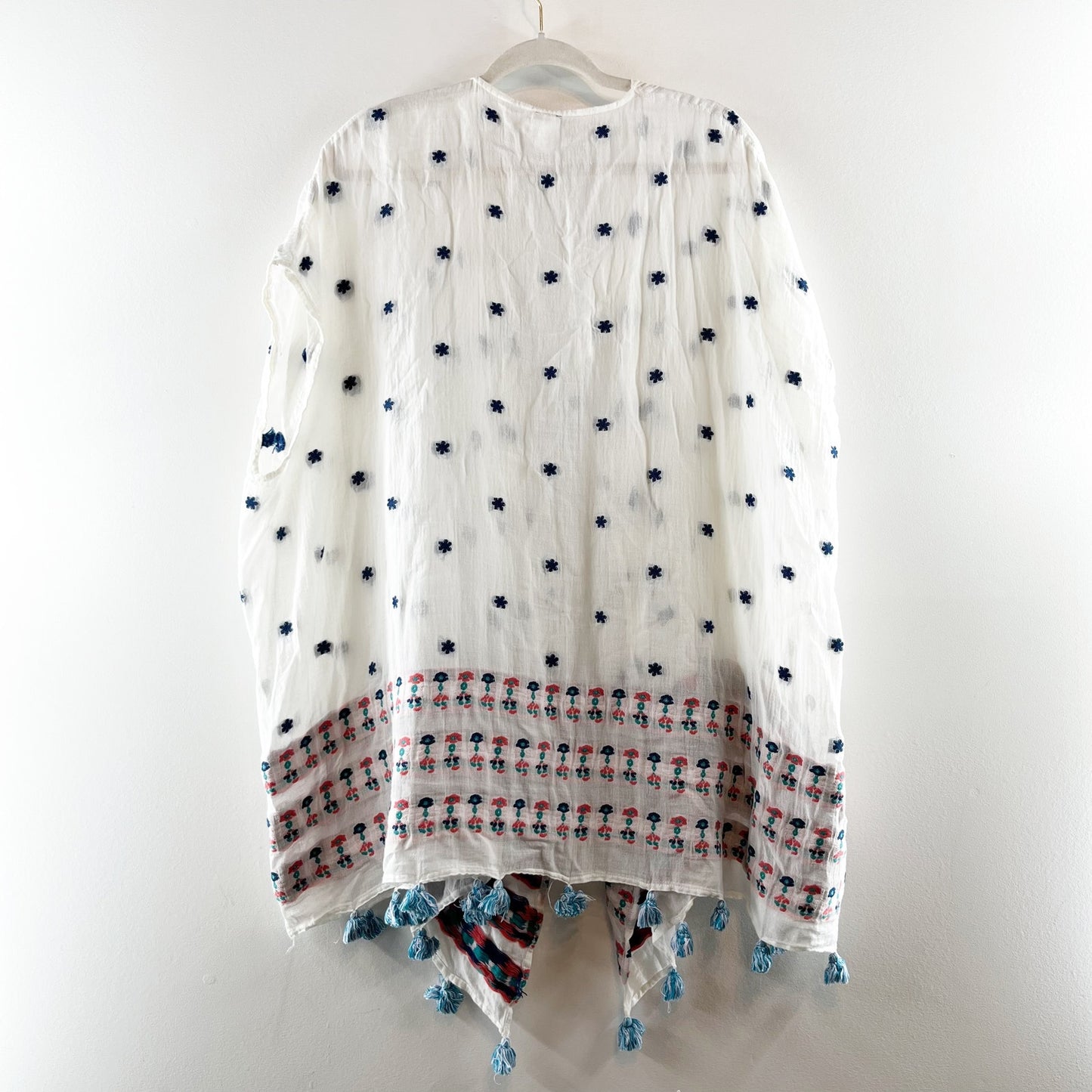 J. Crew Embroidered Tassel Trim Cotton Boho Beach Cover Up Poncho White