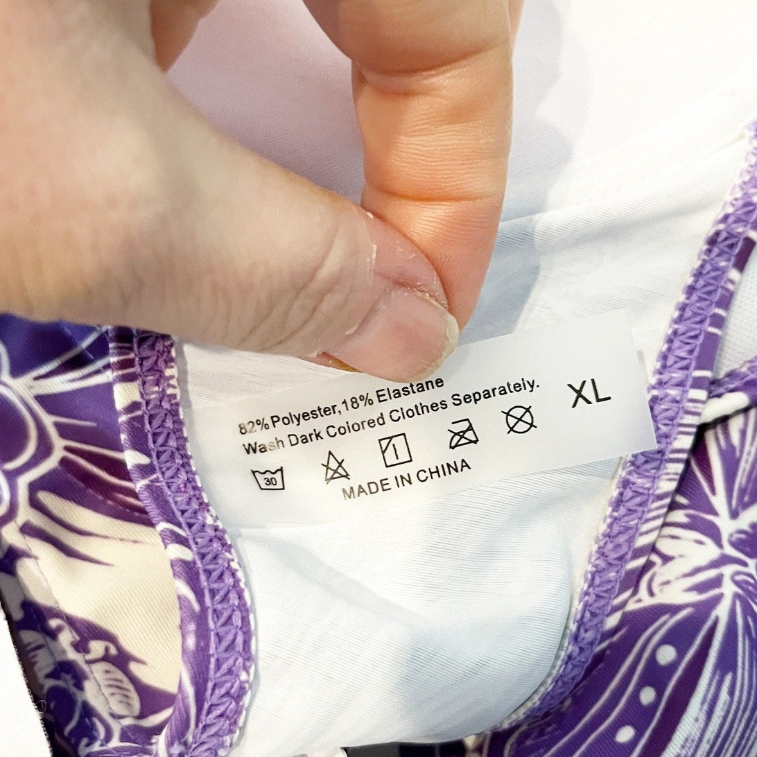 Floral Ruffle Strap High Rise Two Piece Bikini With Wrap Sarong Skirt Purple XL