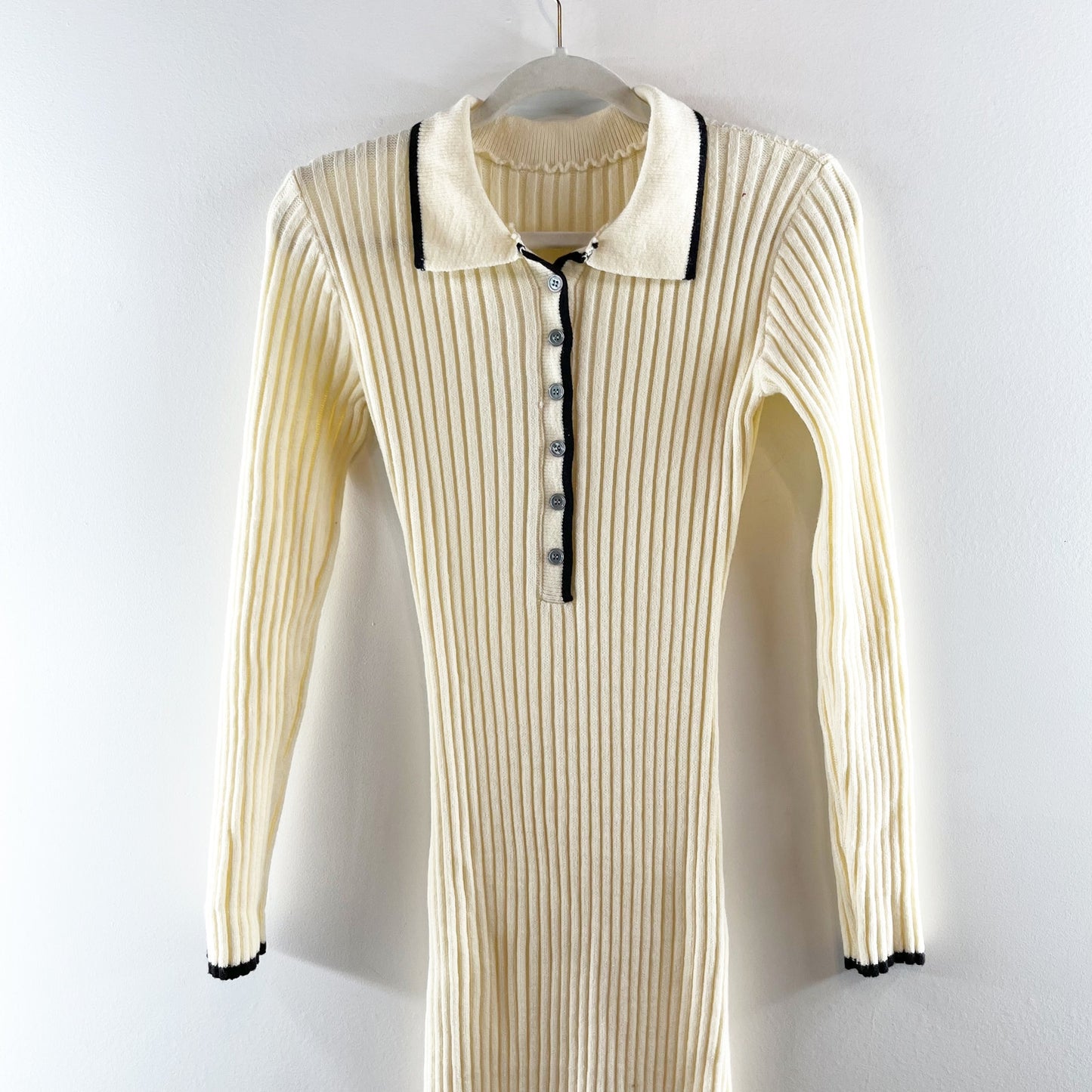 Commense Long Sleeve Collared Ribbed Bodycon Maxi Sweater Dress Cream XS