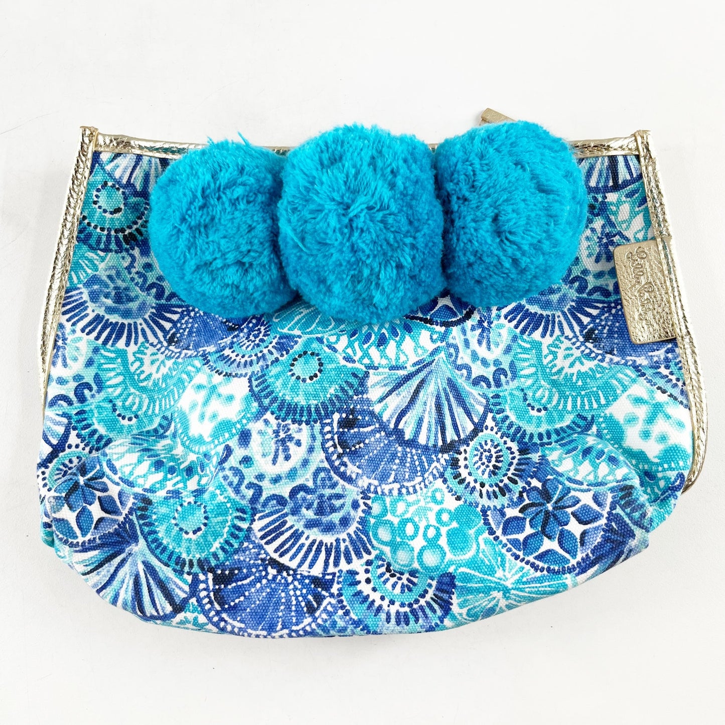 Lilly Pulitzer Oasis Pom Pom Seashell Printed Bag Clutch Turquoise Blue