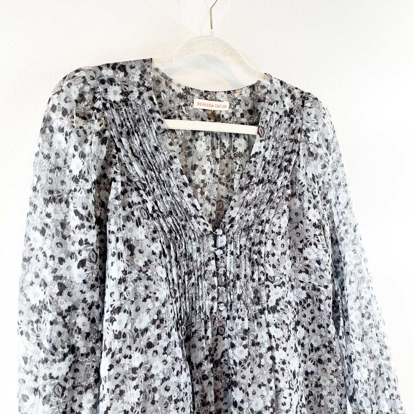 Rebecca Taylor Floral Print Long Sleeve Silk Blend Button Blouse Gray Medium