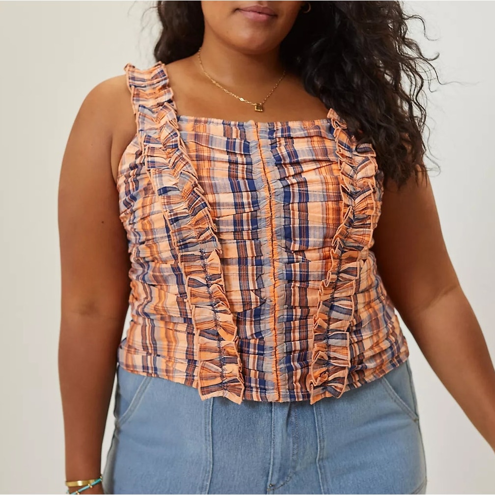 Verb Anthropologie Square Neck Ruffle Plaid Crop Tank Top Orange Blue Medium