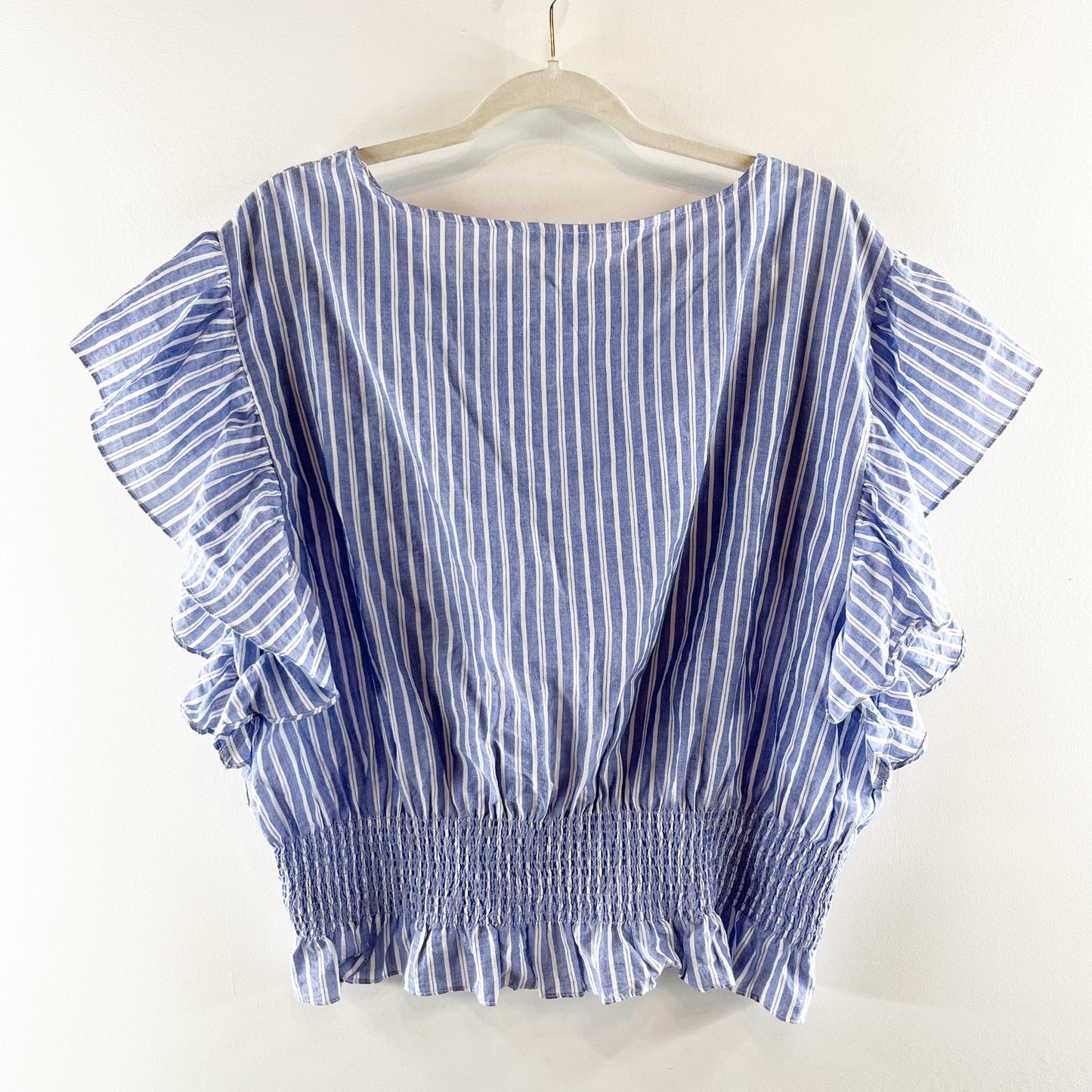 Madewell Flutter Sleeve Smocked Waist Striped Top Blue XL