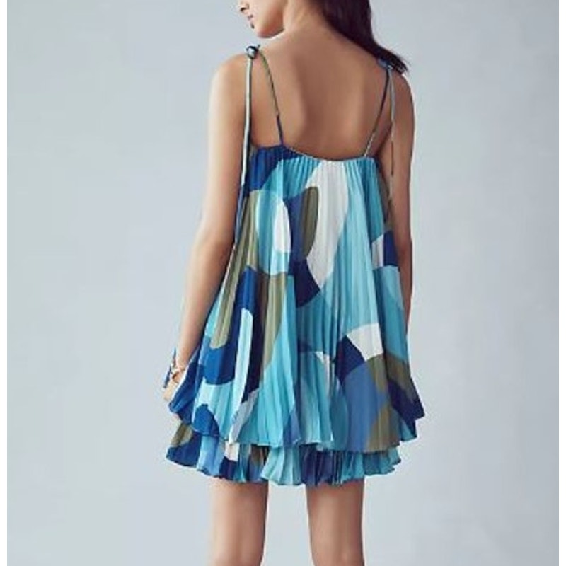 Hutch Anthropologie Tie Straps Abstract Printed Pleated Lined Romper Blue Large
