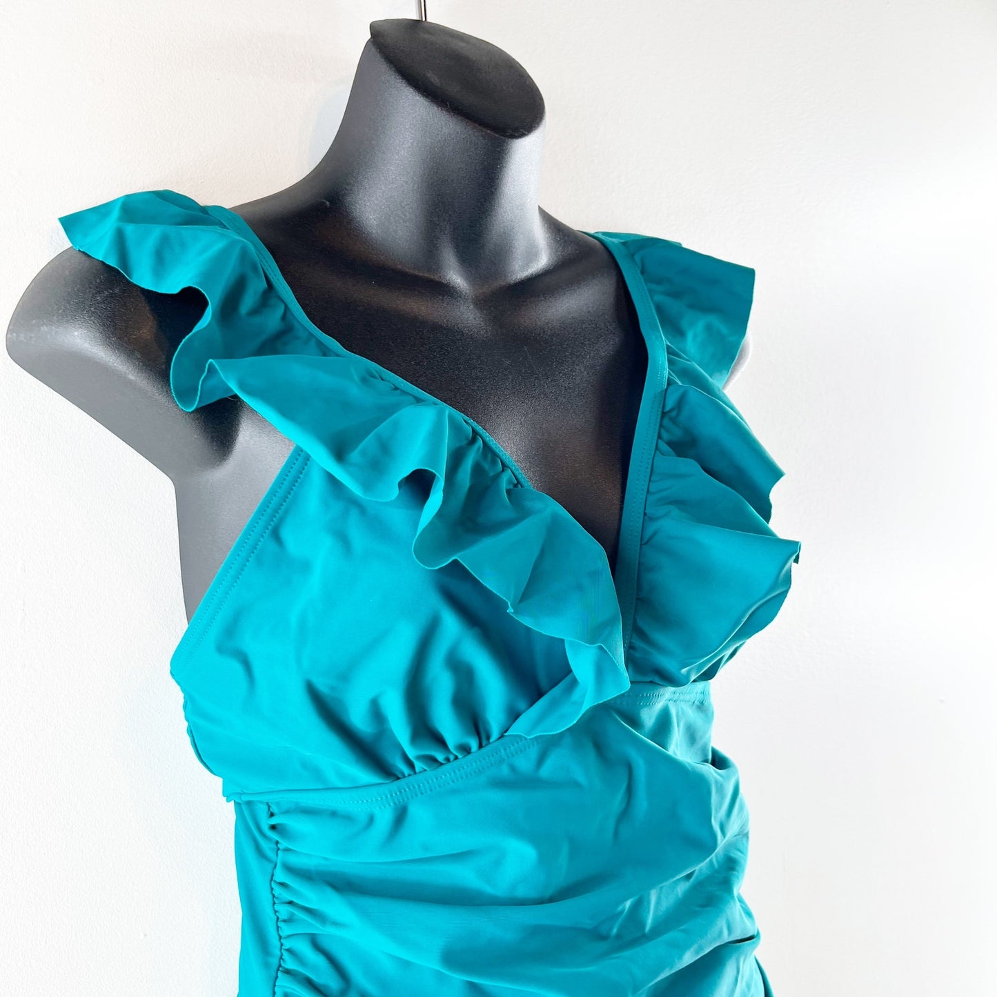 Plunge V Neck Ruffle Trim Ruched One Piece Swimsuit Teal Turquoise Blue Medium