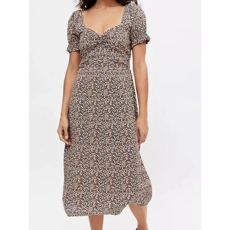 Billabong Floral Sweetheart Neckline Short Sleeve Midi Dress Brown XS