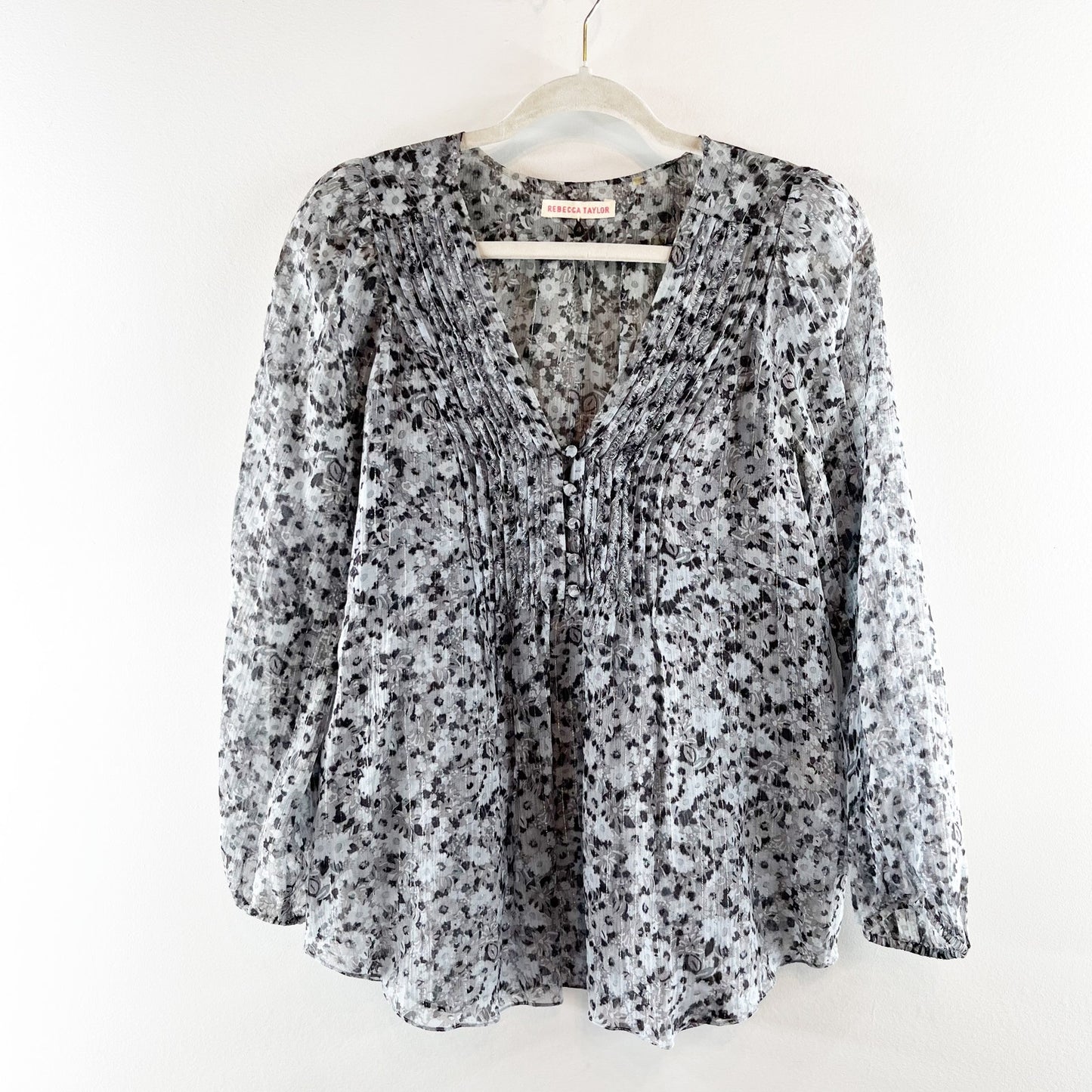 Rebecca Taylor Floral Print Long Sleeve Silk Blend Button Blouse Gray Medium
