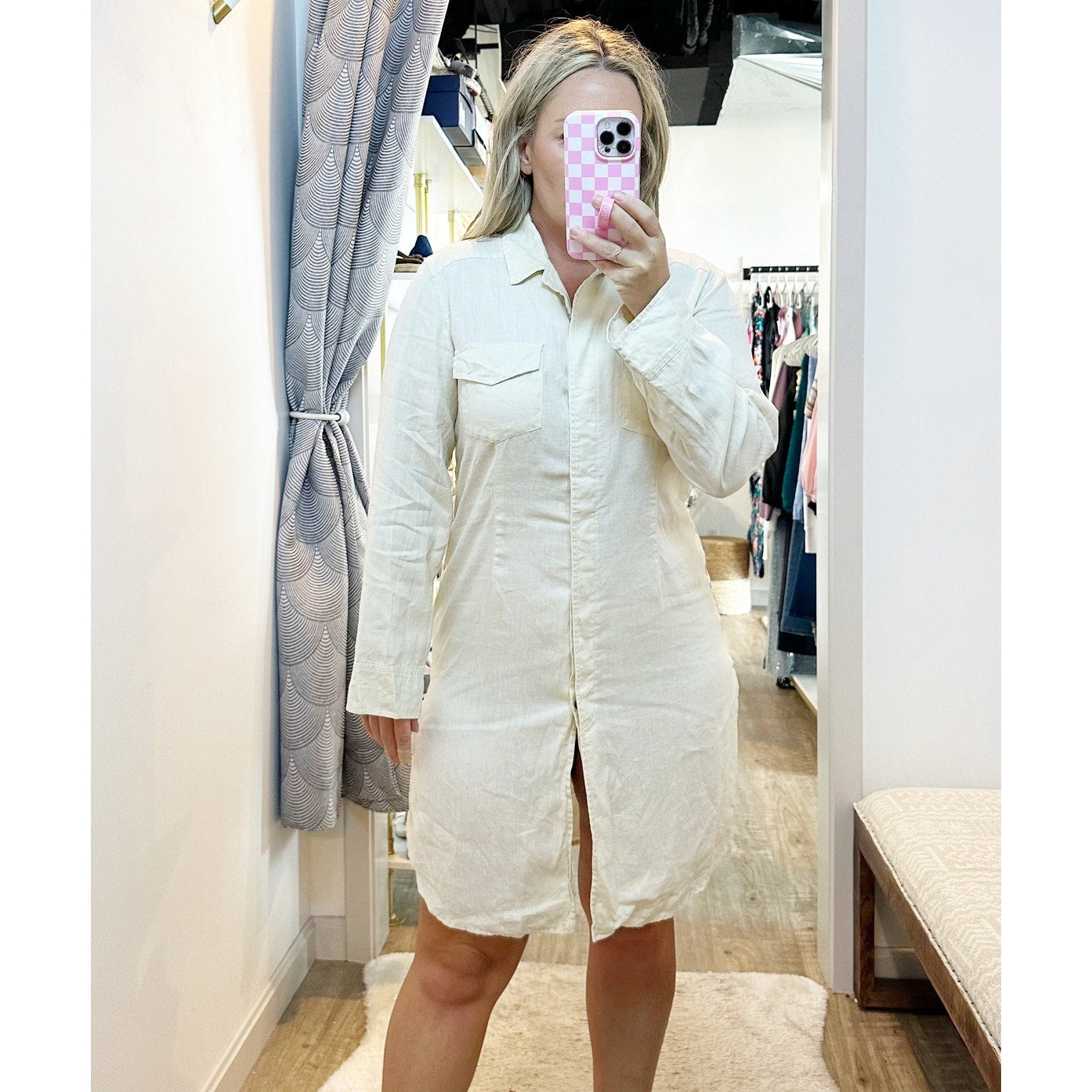 J. Jill 100% Linen Relaxed Fit Long Sleeve Button-Down Shirt Dress Cream 10
