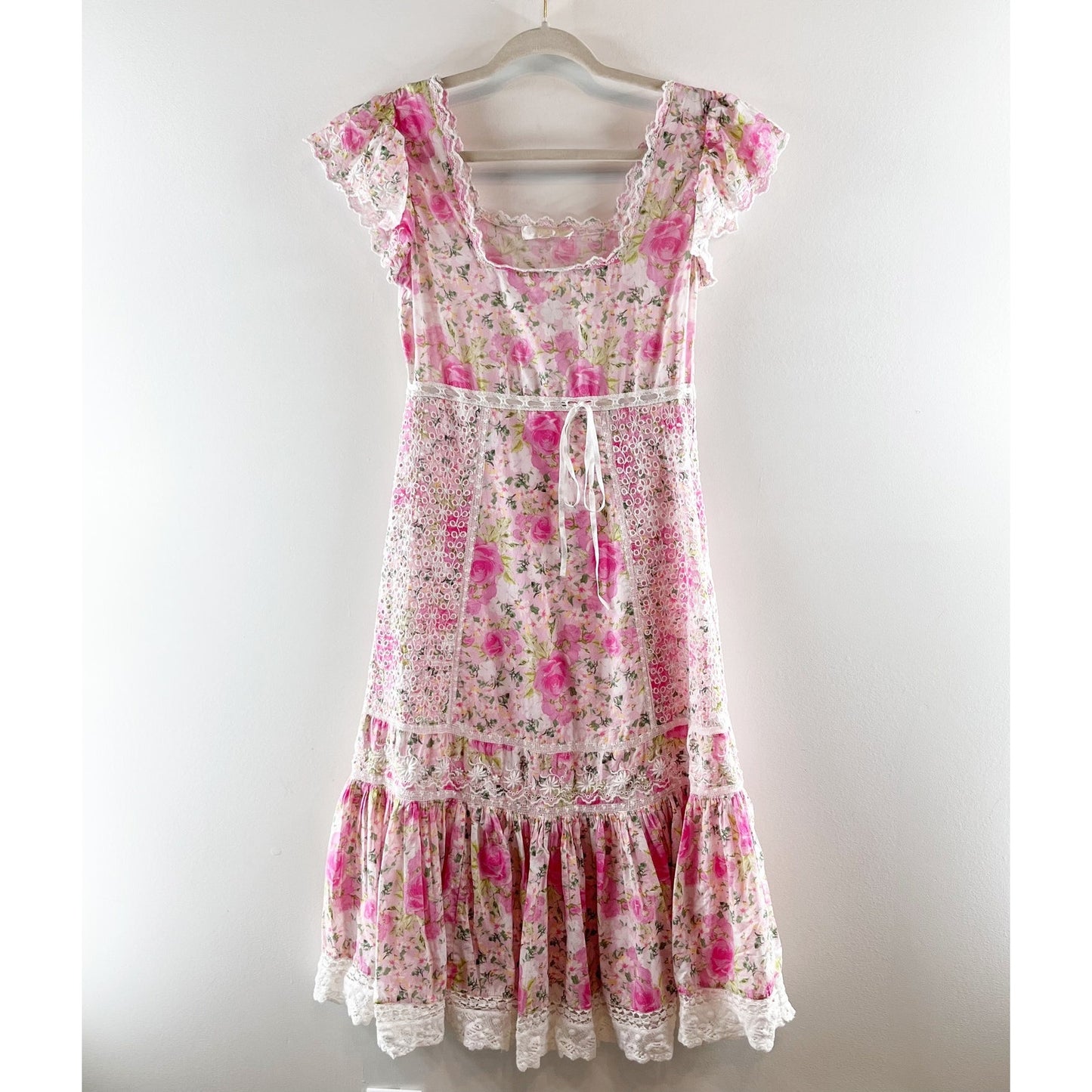 LoveShackFancy Charles Floral Square Neck Short Sleeve Midi Dress Pink White 0