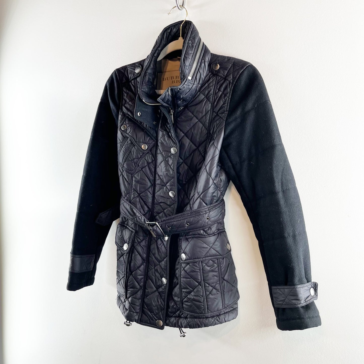 Burberry Brit Quilted Belted Trench Coat Jacket Mixed Media Black Small
