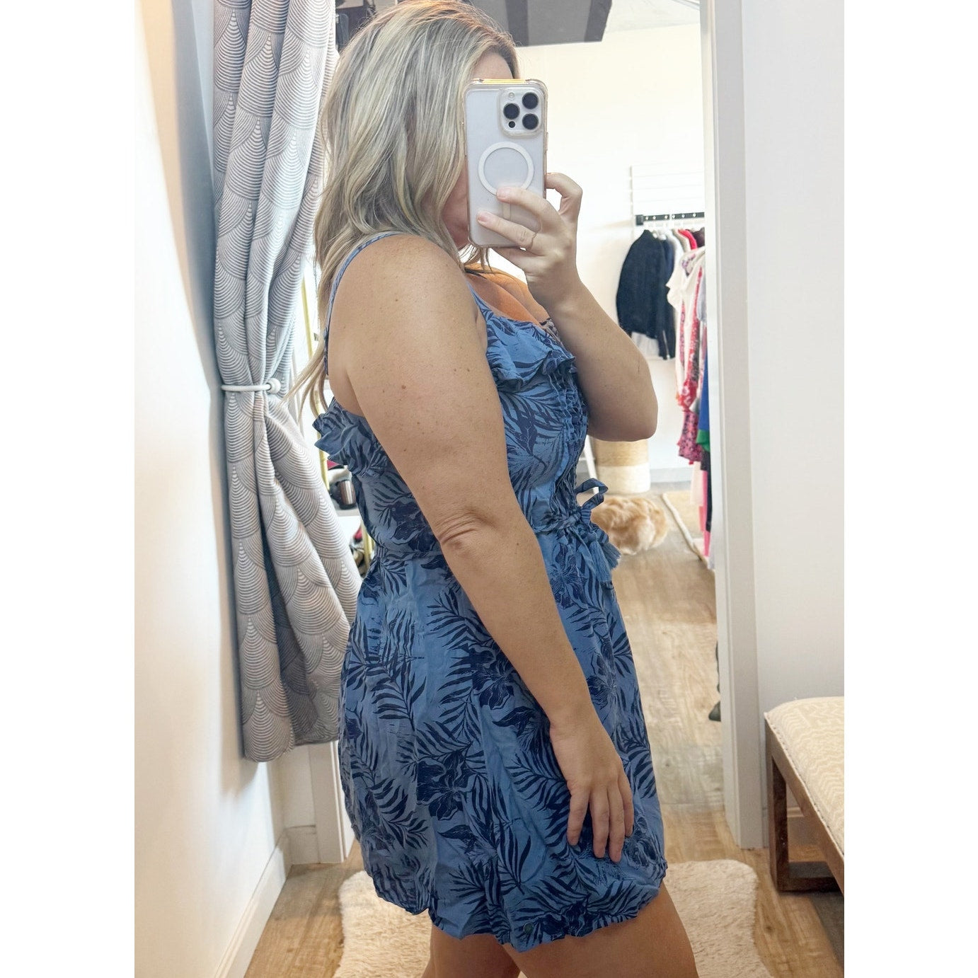 Roxy Ruffle Neckline Belted Tropical Print Mini Sundress Blue Medium