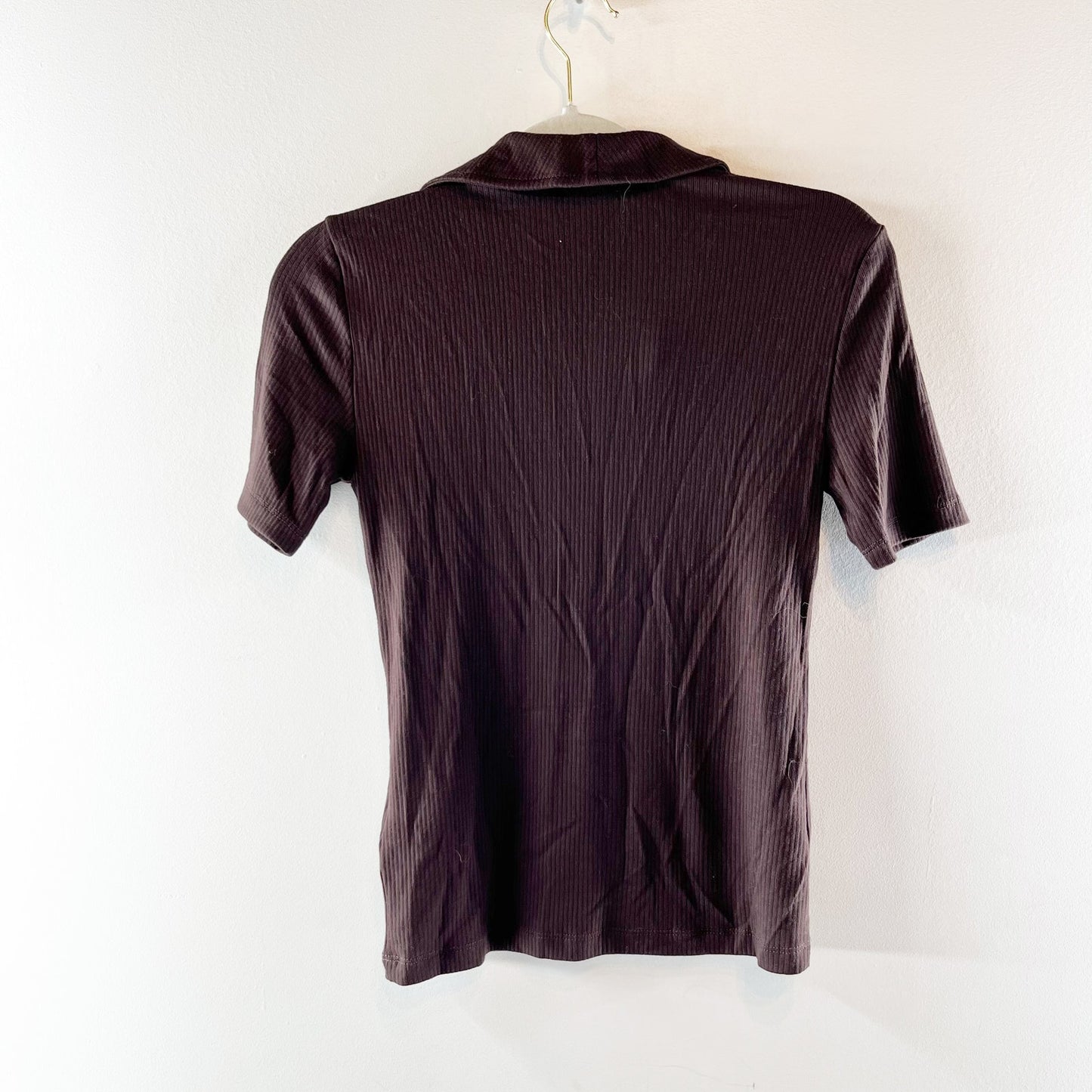 Madewell Drapey Rib Short Sleeve Polo Shirt Top Chocolate Brown XS