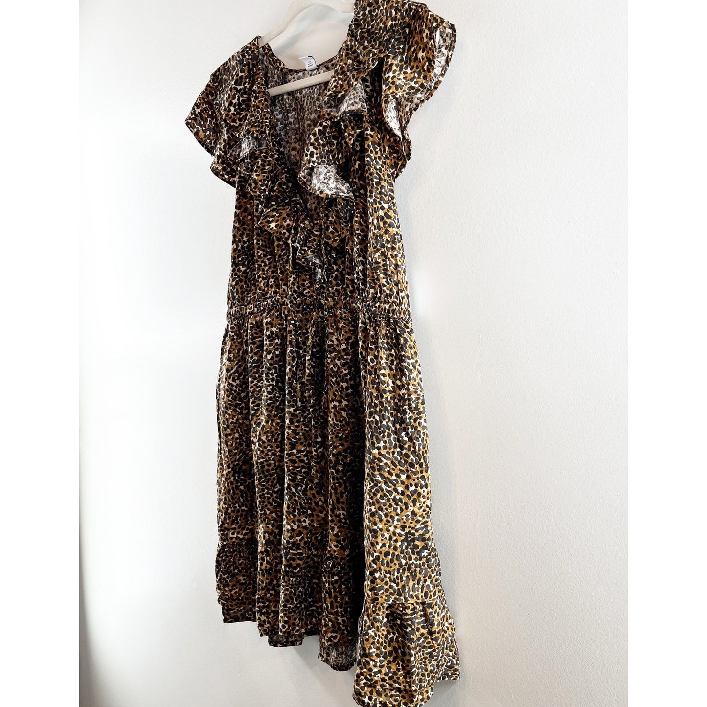 Old Navy Waist Defined Ruffle Trim Mini Dress Leopard Wild Spots Brown Large