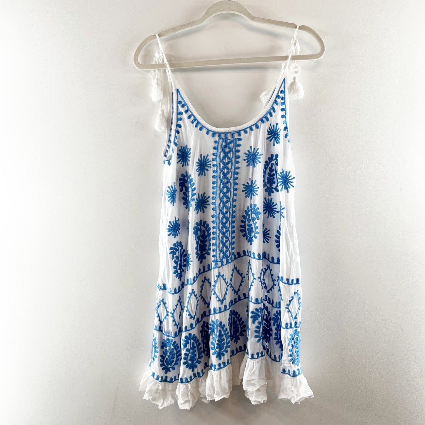 Pranella Tie Strap Embroidered Swim Mini Cover Up Dress White Blue Small