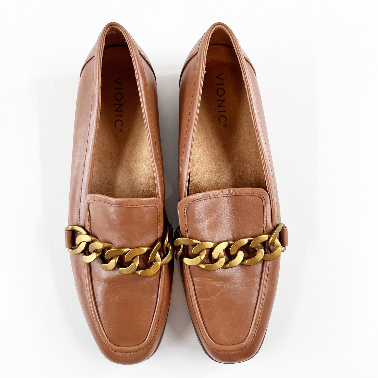 Vionic Mizelle Leather Gold Chain Loafer Shoes Brown 9.5