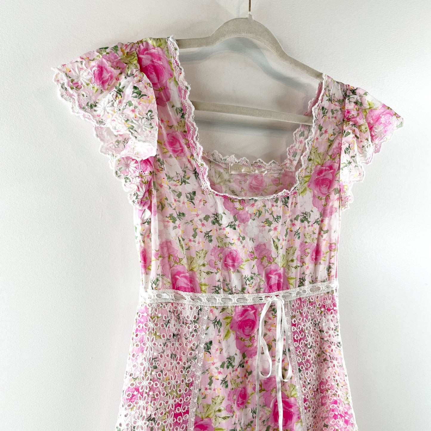 LoveShackFancy Charles Floral Square Neck Short Sleeve Midi Dress Pink White 0