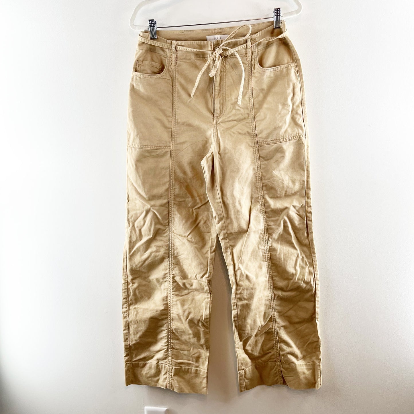 LOFT High Rise Belted Stovepipe Wide Leg Trouser Khaki Pants in Twill Tan 10