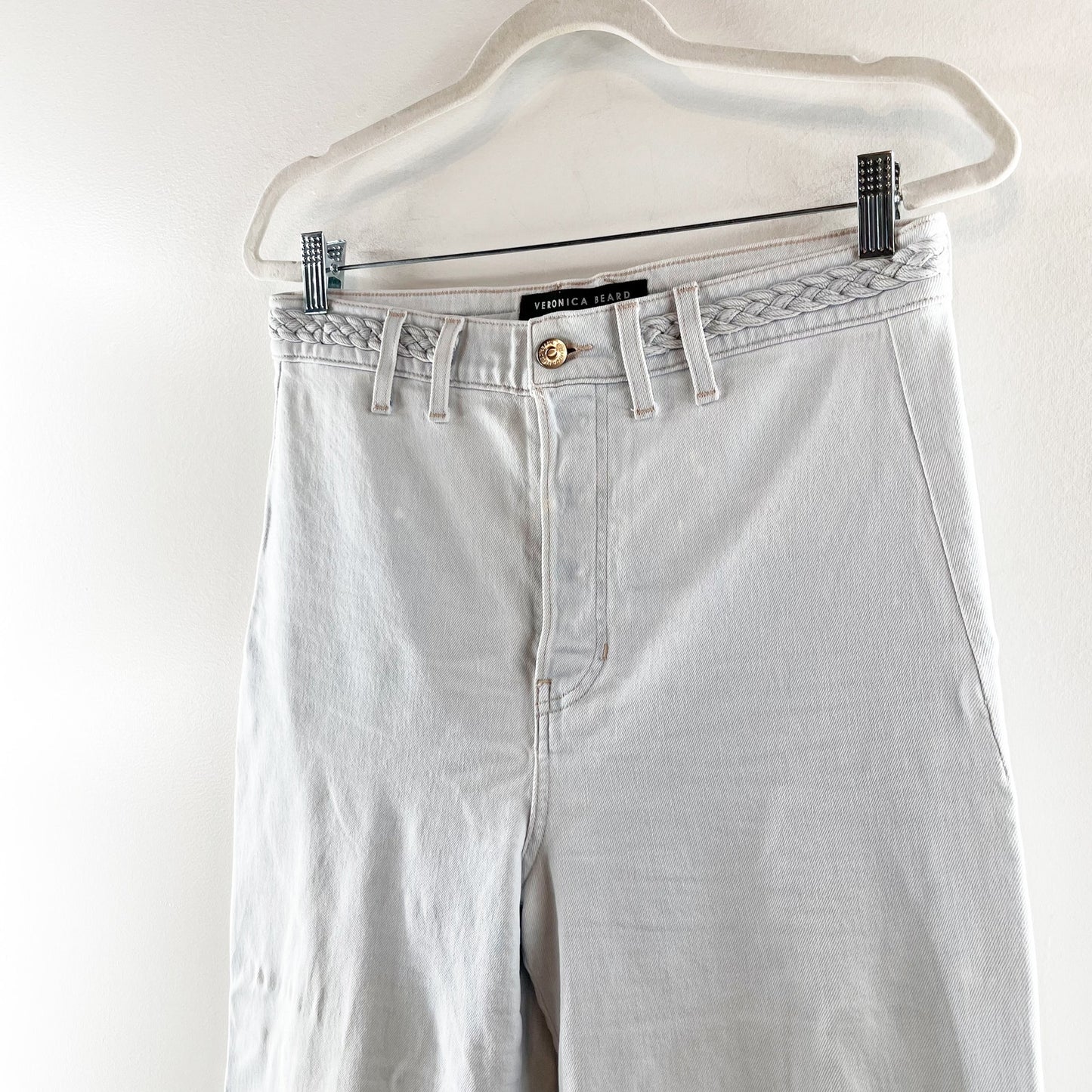 Veronica Beard Grant Braided Waist Extra High Rise Wide Leg Jeans Aspen Blue 10