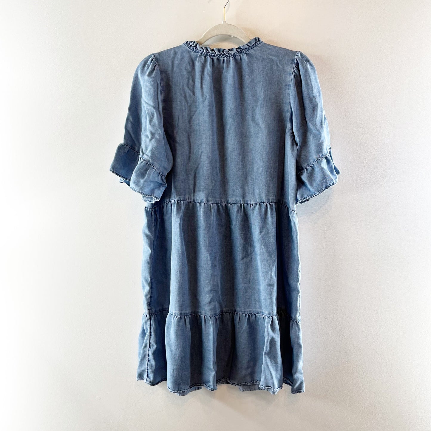 LOFT Chambray Short Ruffle Sleeve Tiered Mini Babydoll Dress Blue Medium