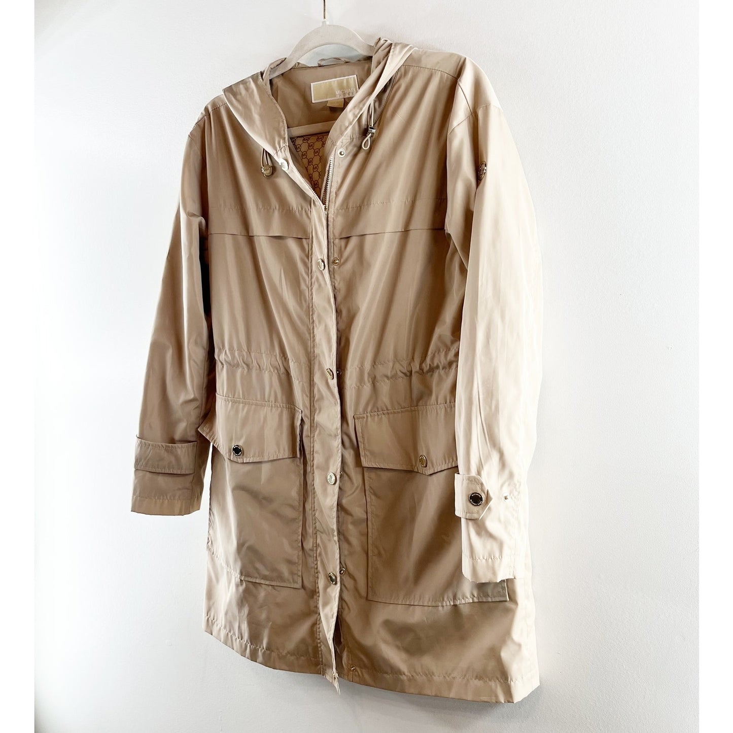 Michael Kors Hooded Longline Utility Trench Raincoat Jacket Tan Small