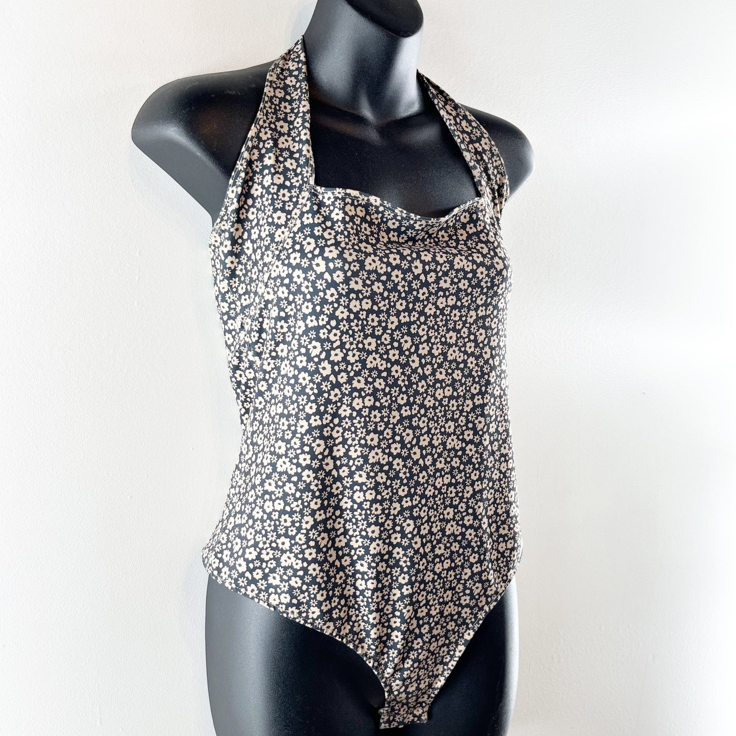 Free People Talk Back Square Neck Floral Halter Bodysuit Tank Top Black Medium
