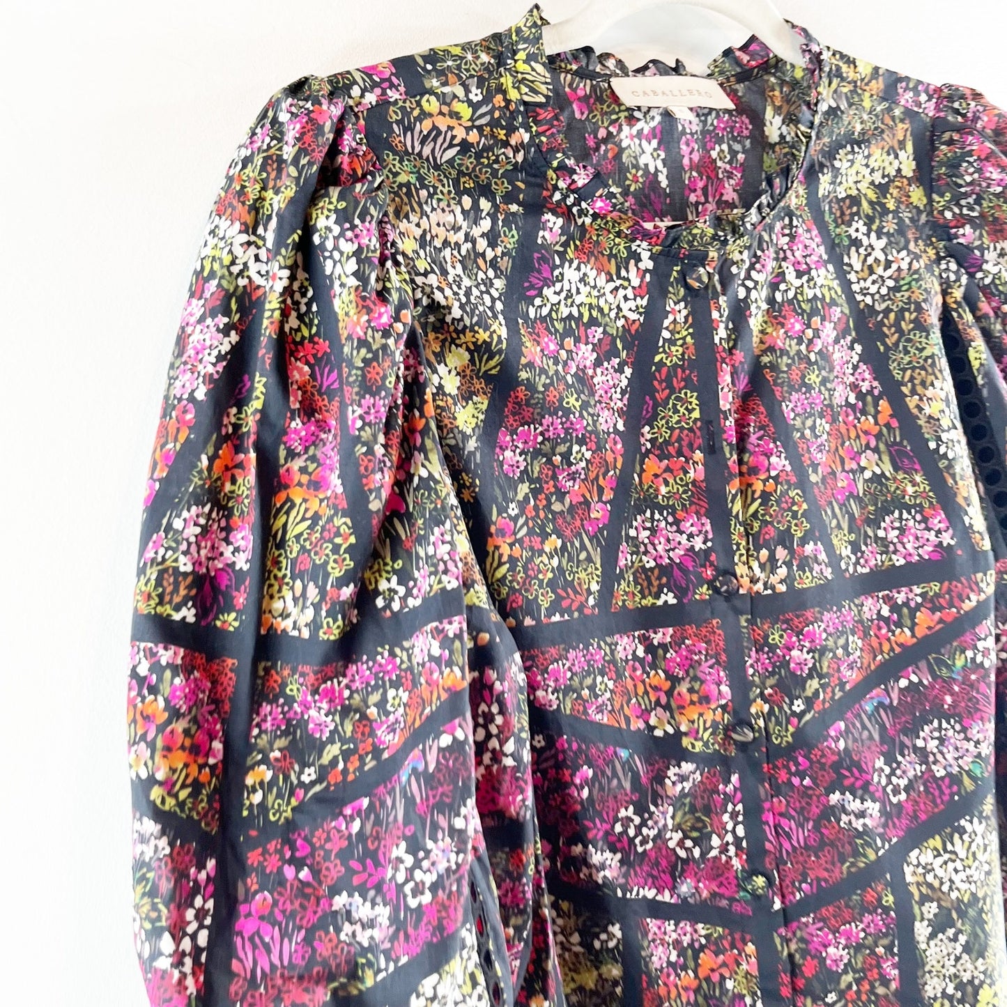 Caballero Celeste Puff Sleeve Floral Print Blouse Top Green Purple Small