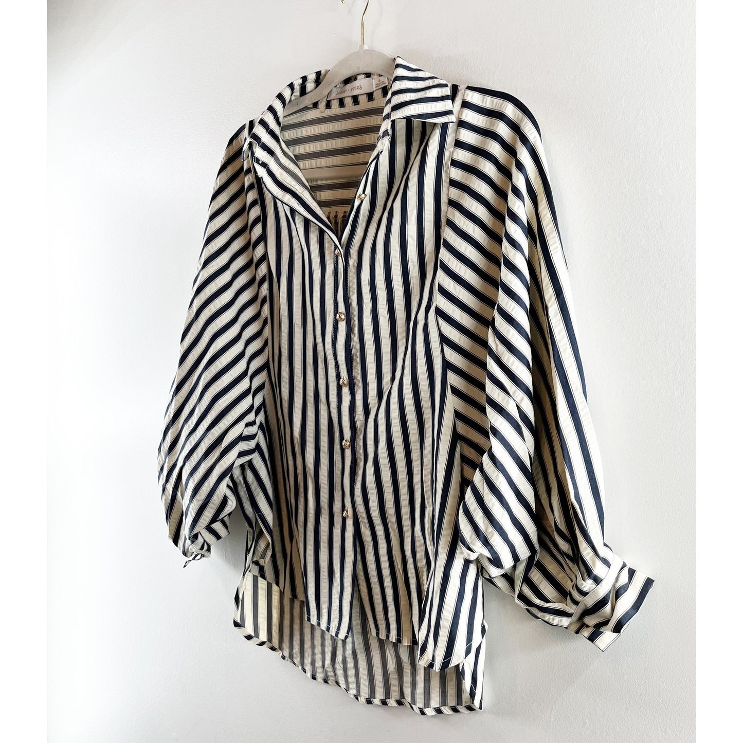 Bishop + Young Aly Striped Long Sleeve Button Front Blouse Cream Navy Blue Small