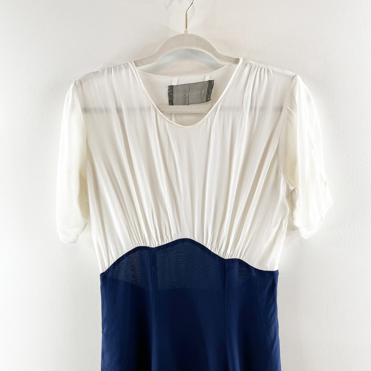 Reformation Chiffon Colorblock Short Sleeve Mini Dress White Navy Blue Medium