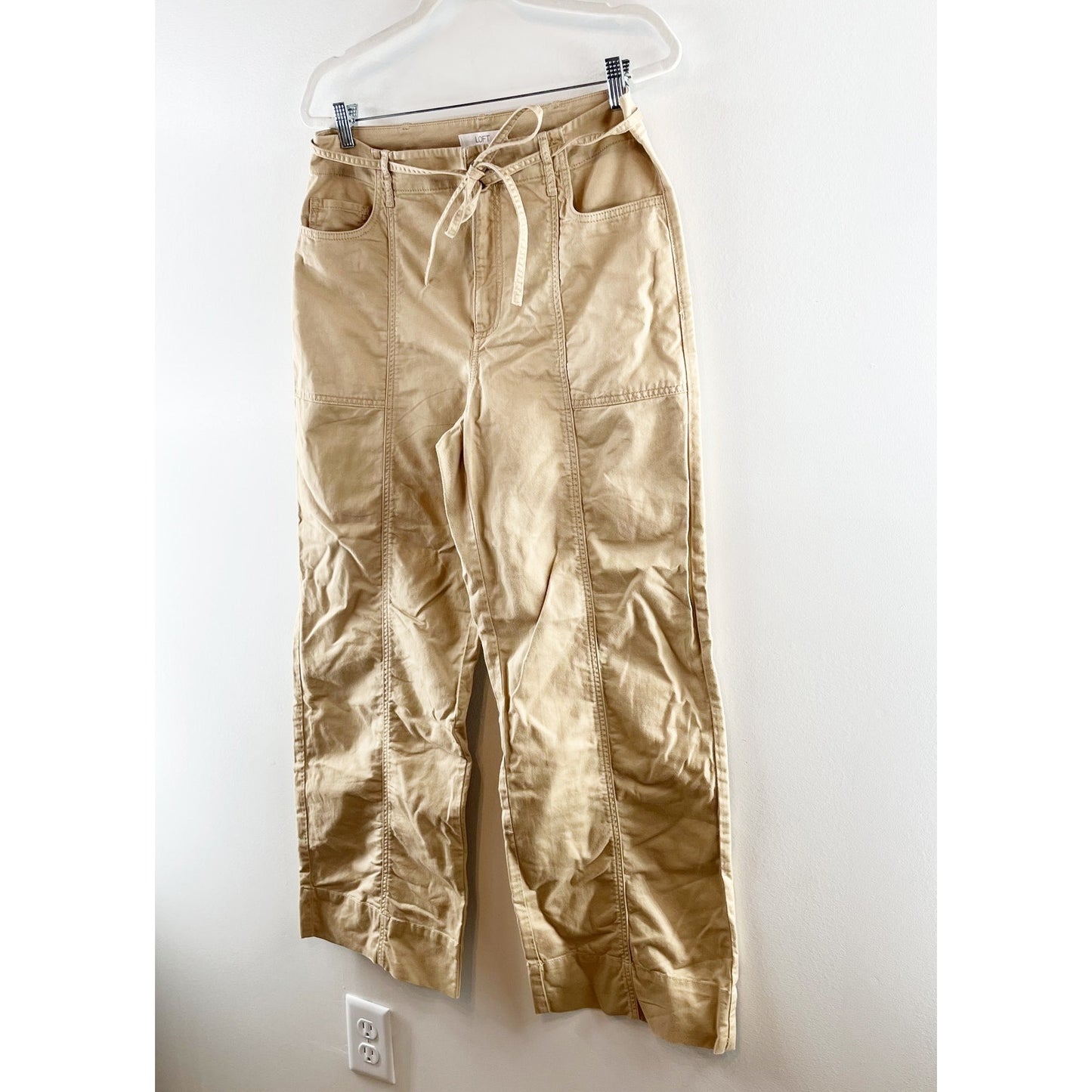 LOFT High Rise Belted Stovepipe Wide Leg Trouser Khaki Pants in Twill Tan 10