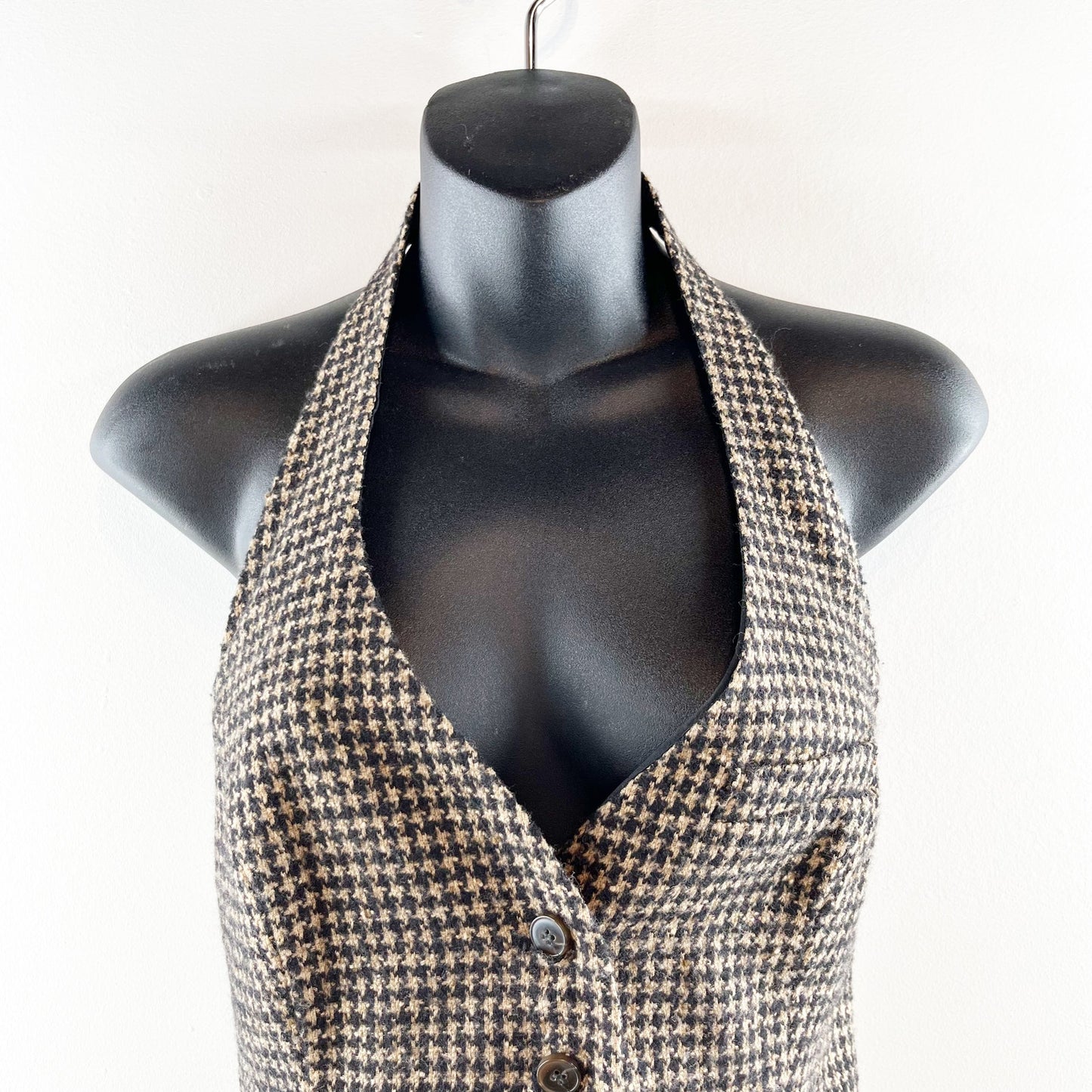 Anne Fontaine Paris Houndstooth Sleeveless Halter Waistcoat Vest Tan Black 40