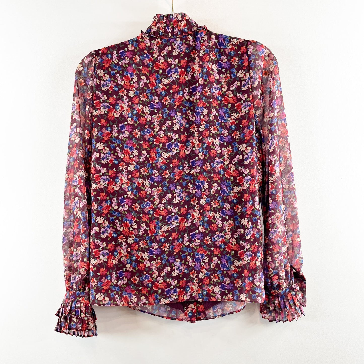 Sezane Dany Button Up Shirt Blouse Floral Ruffle Long Sleeve Purple 34 / US 2-4